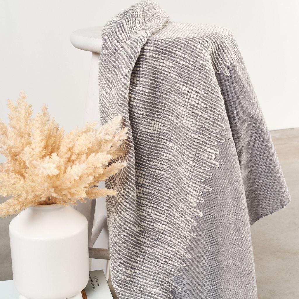 Nepalese Flo Grey Throw Handwoven in Merino For Sale