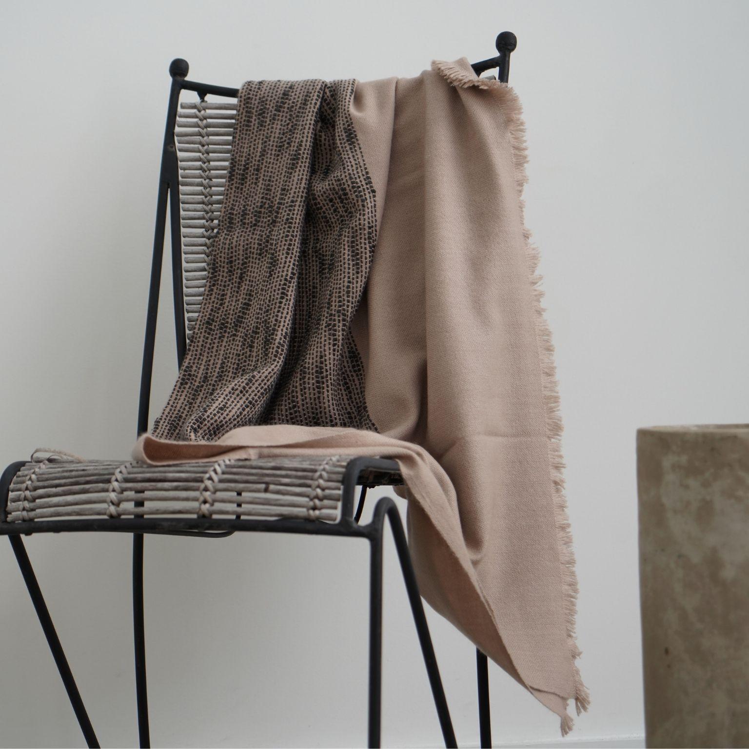 FLO Brown Throw Handwoven In Soft Merino & Minimal Pattern Hand Embroidered   For Sale 8