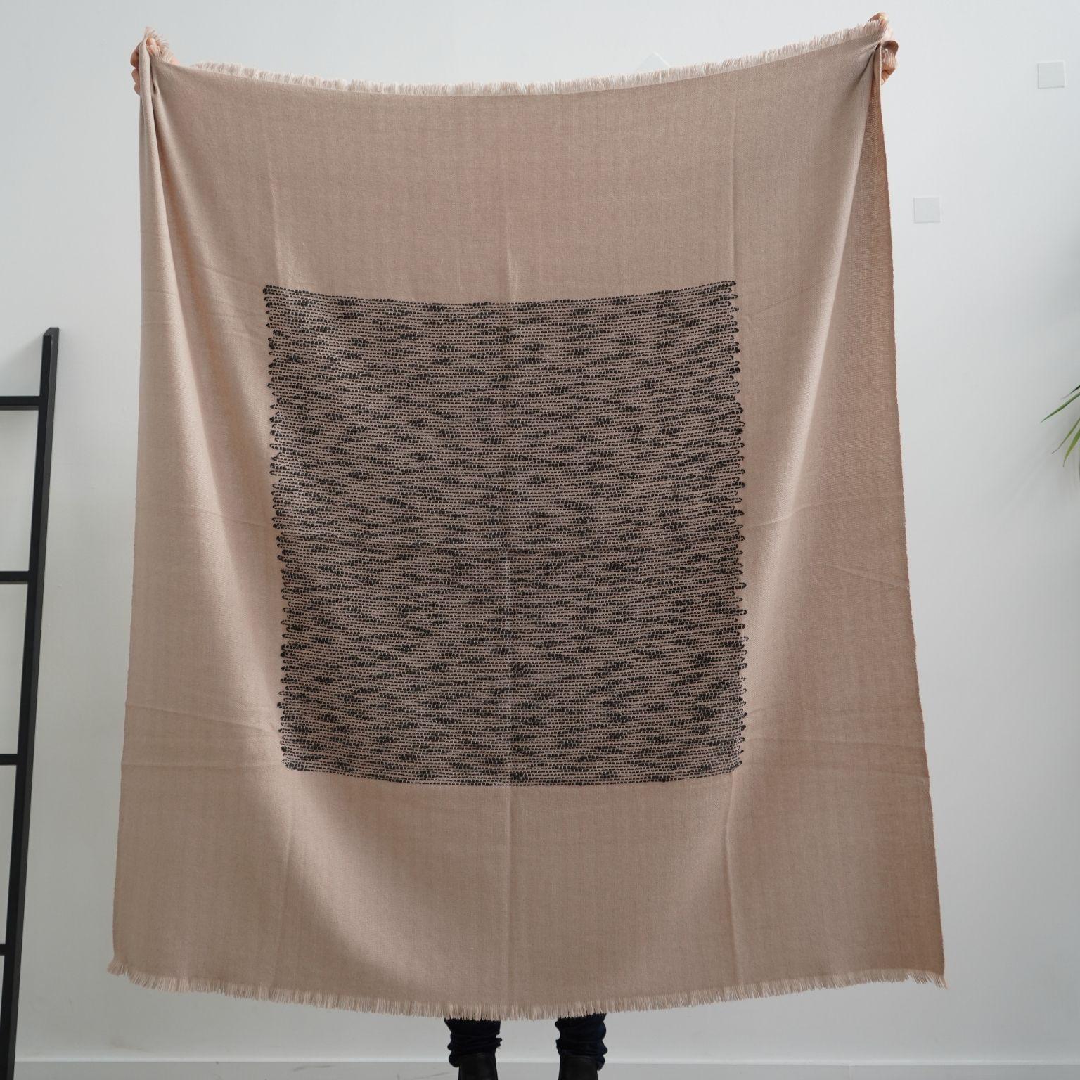 FLO Brown Throw Handwoven In Soft Merino & Minimal Pattern Hand Embroidered   For Sale 4