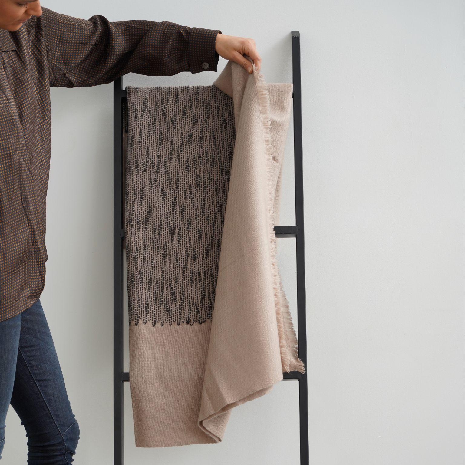 FLO Brown Throw Handwoven In Soft Merino & Minimal Pattern Hand Embroidered   For Sale 7