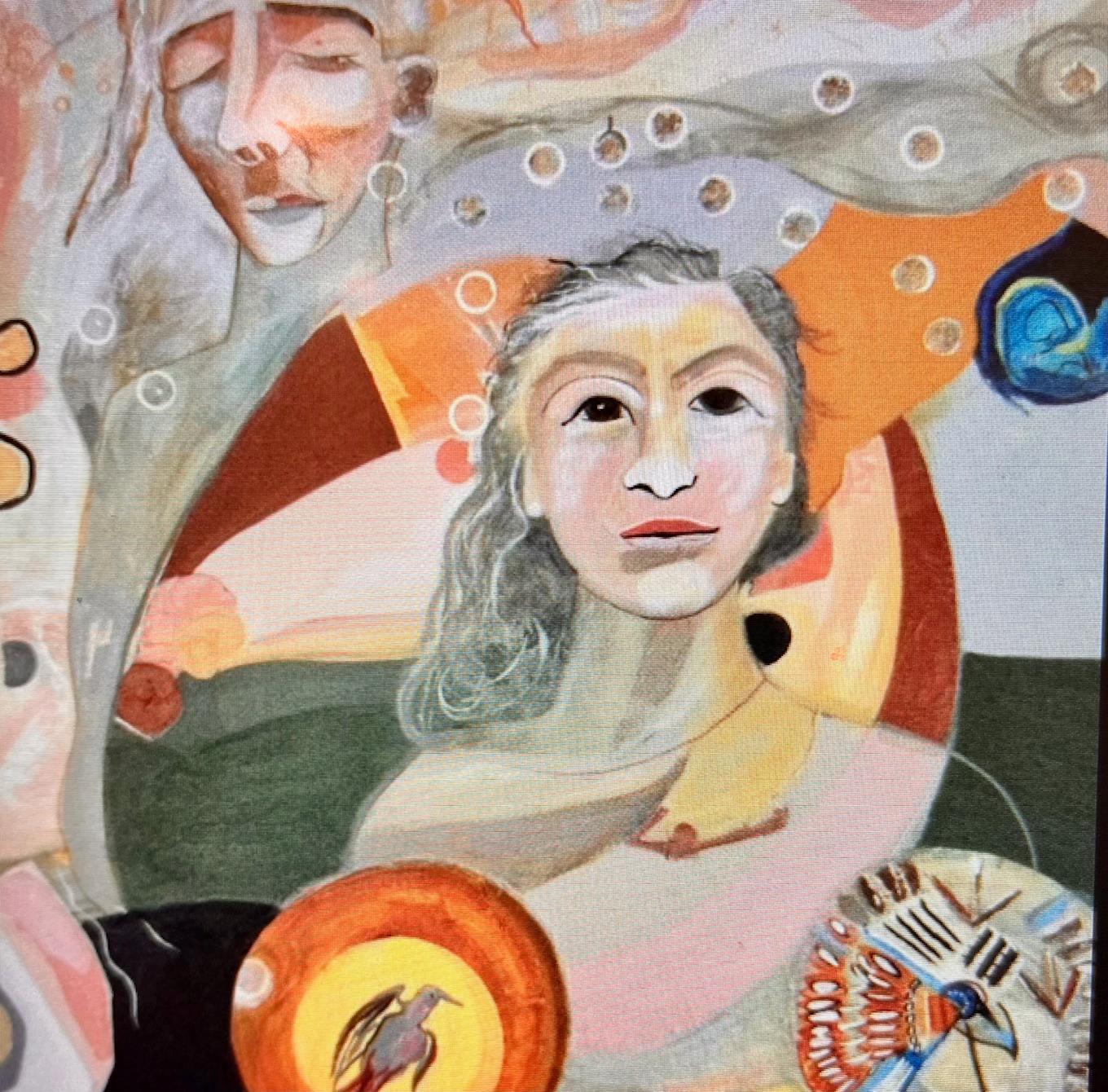 Medicine Woman de Flo Schell, acrílico y técnica mixta sobre lienzo, pintura abstracta de figuras. Firmado a mano por el artista. Con la compra se proporciona un certificado de autenticidad.