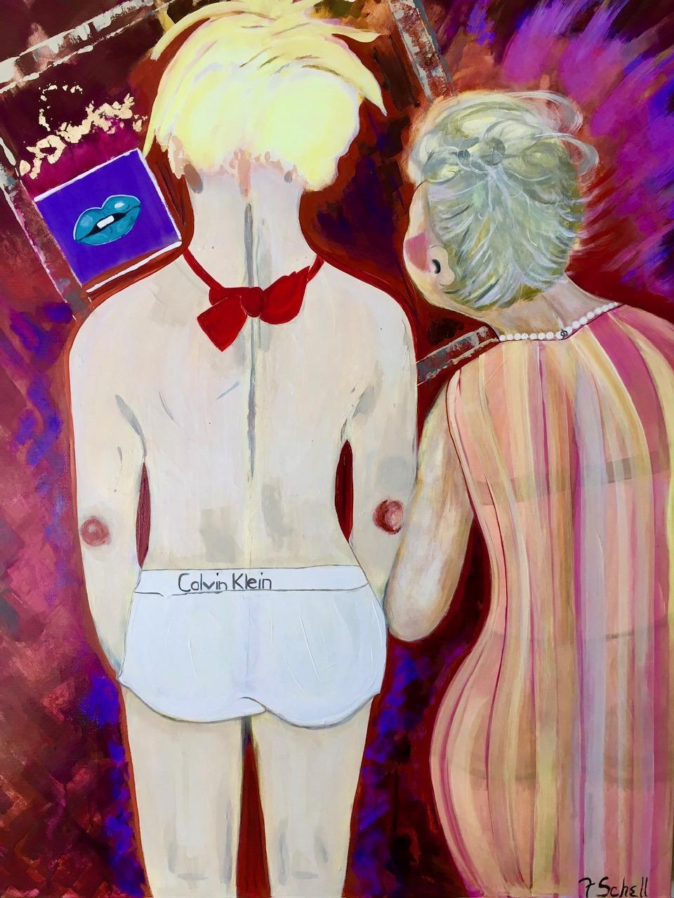 Mi cita con Andy de Flo Schell, acrílico y técnica mixta sobre lienzo, pintura abstracta de figuras. Firmado a mano por el artista. Con la compra se proporciona un certificado de autenticidad.