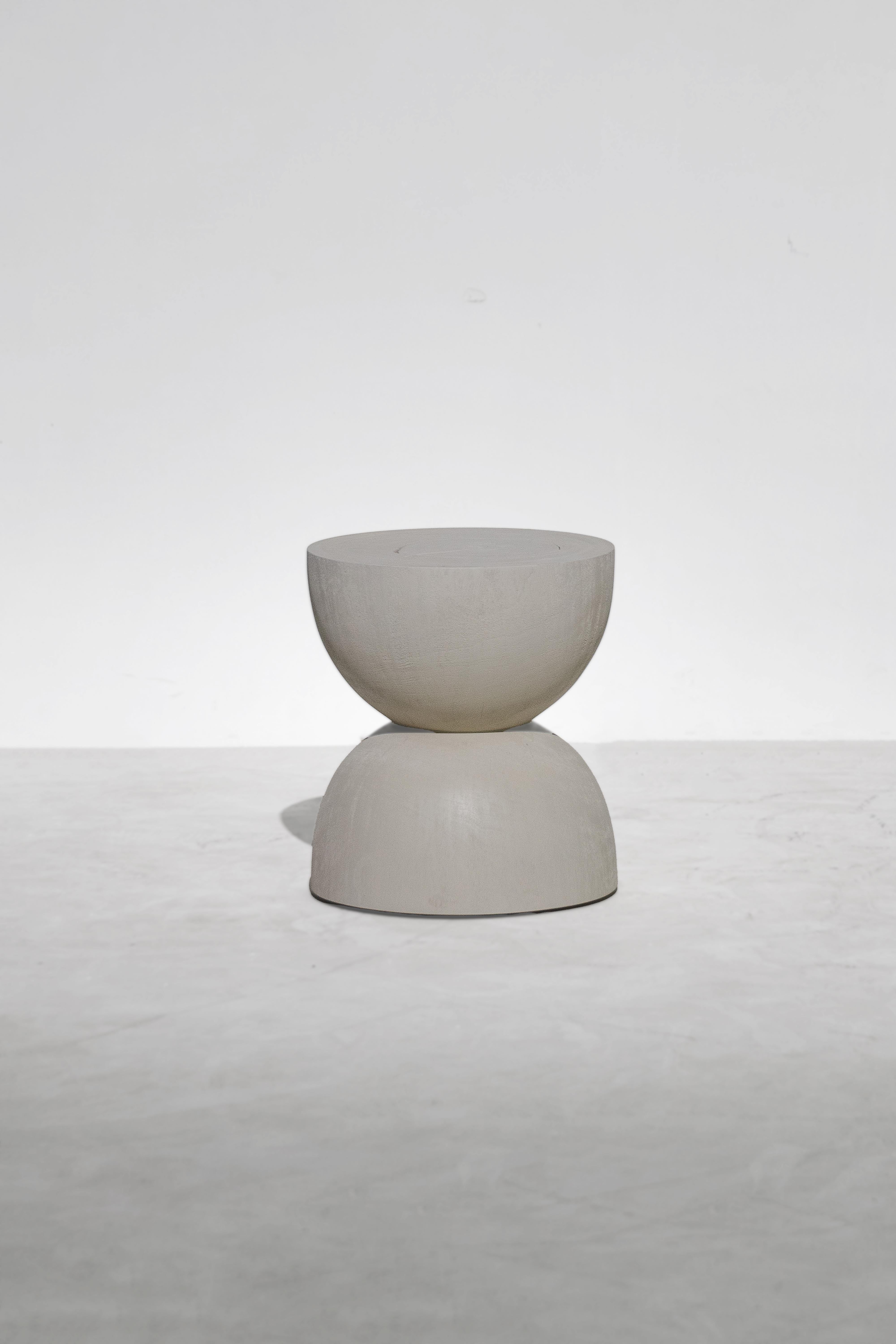 Arts and Crafts FLO stool, Rough Stone White Monkey Pod finishing For Sale