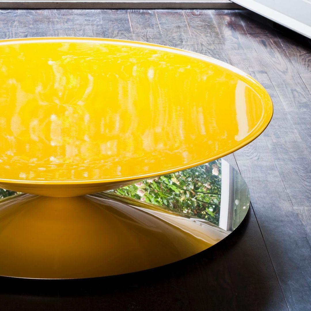 French Float Coffee Table Shiny Yellow Mirror Polished Steel Based By La Chance For Sale