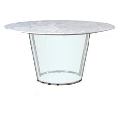 Table de salle à manger flottante, base en acrylique et métal avec plateau en pierre ou en bois