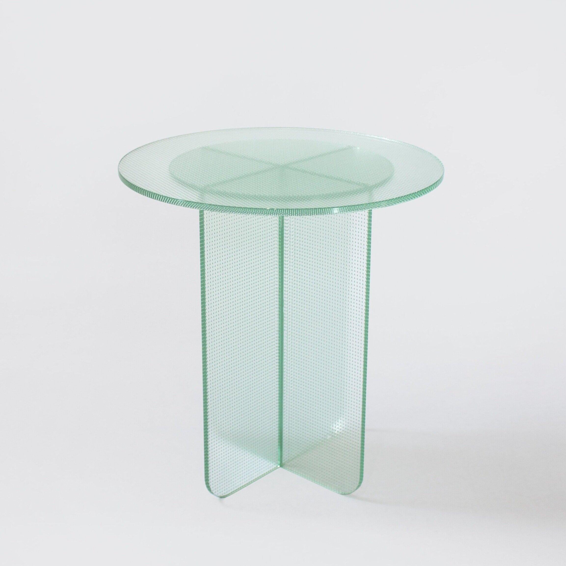 Modern Float Side Table 490 H in Toughened Textured Glass by Dean Norton For Sale
