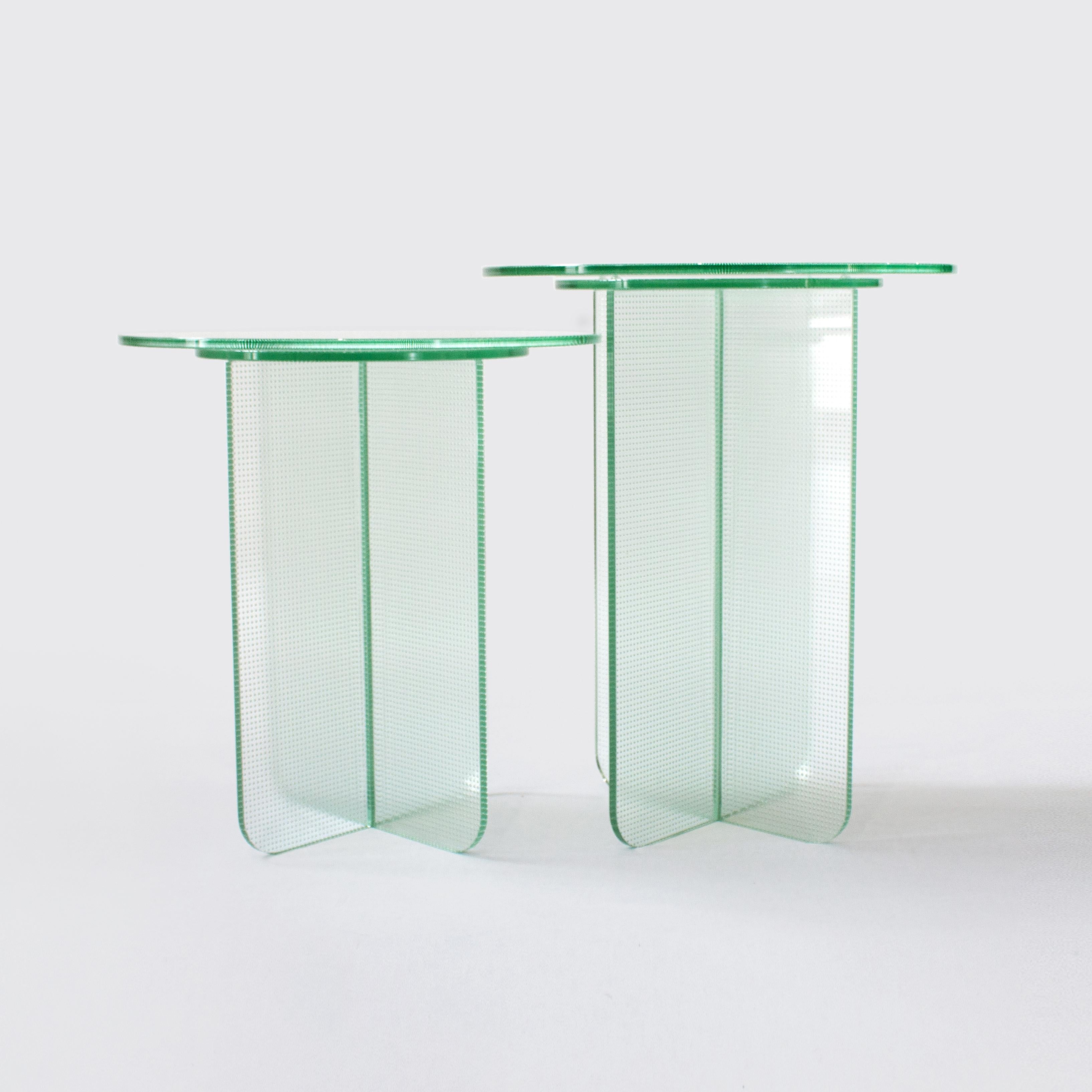 Hand-Crafted Float Side Table 490 H in Toughened Textured Glass by Dean Norton For Sale