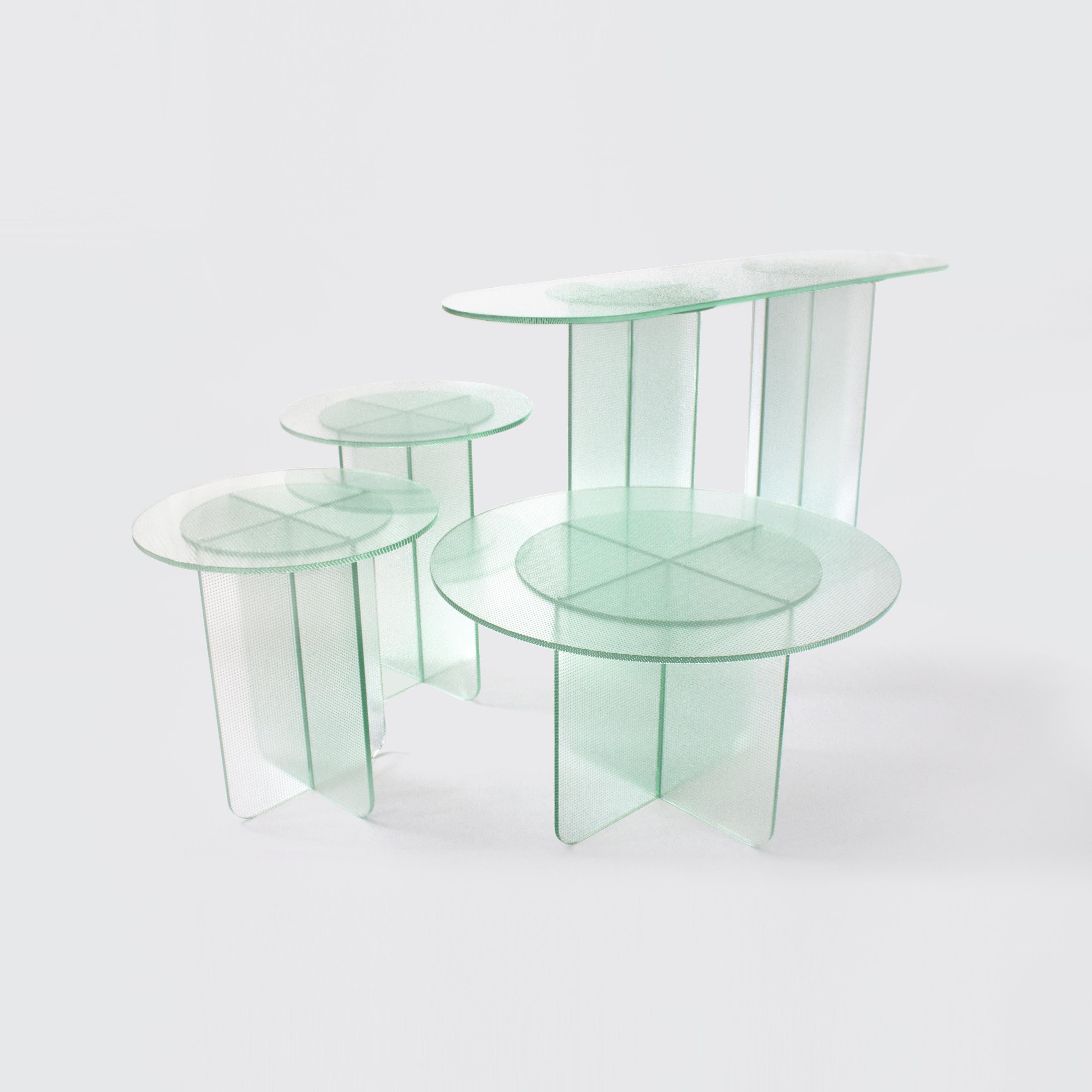 Contemporary Float Side Table 490 H in Toughened Textured Glass by Dean Norton For Sale