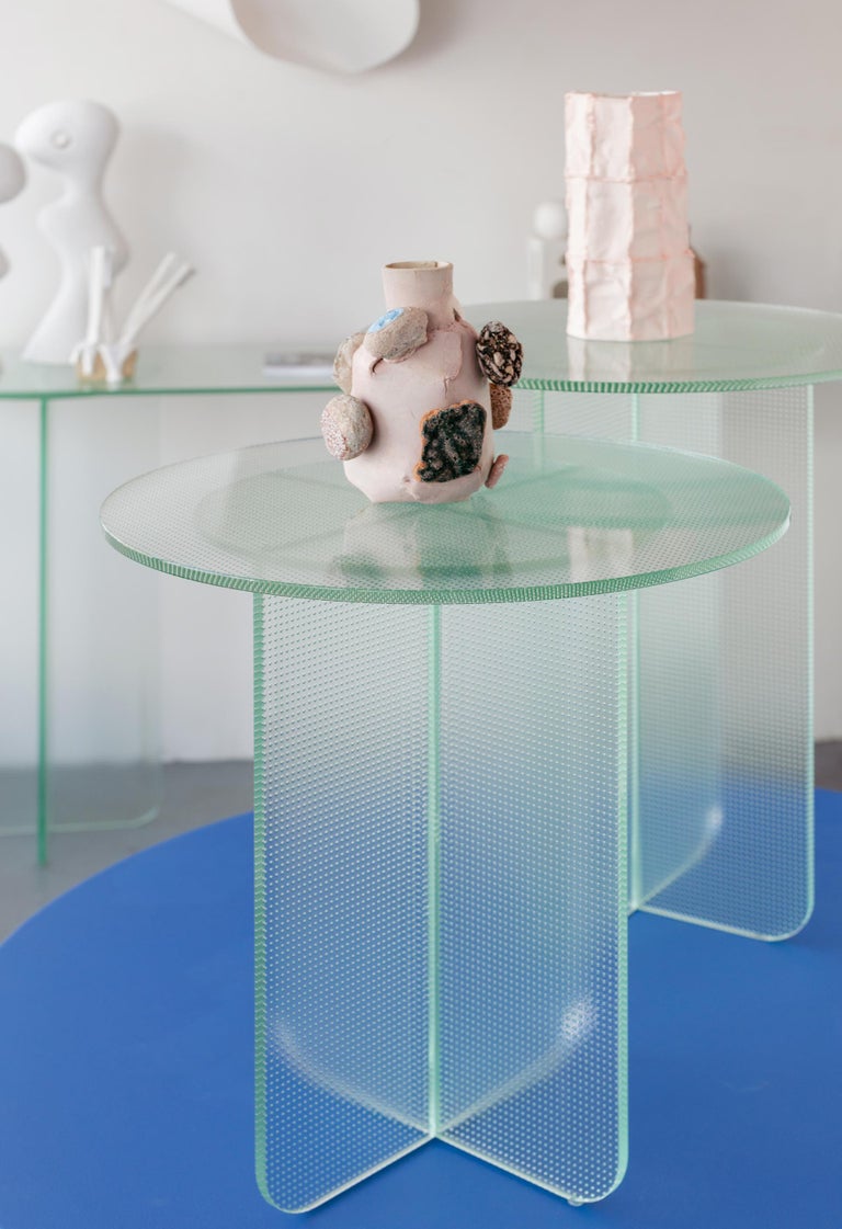 Float Side Table 550 H in Toughened Textured Glass by Dean Norton For