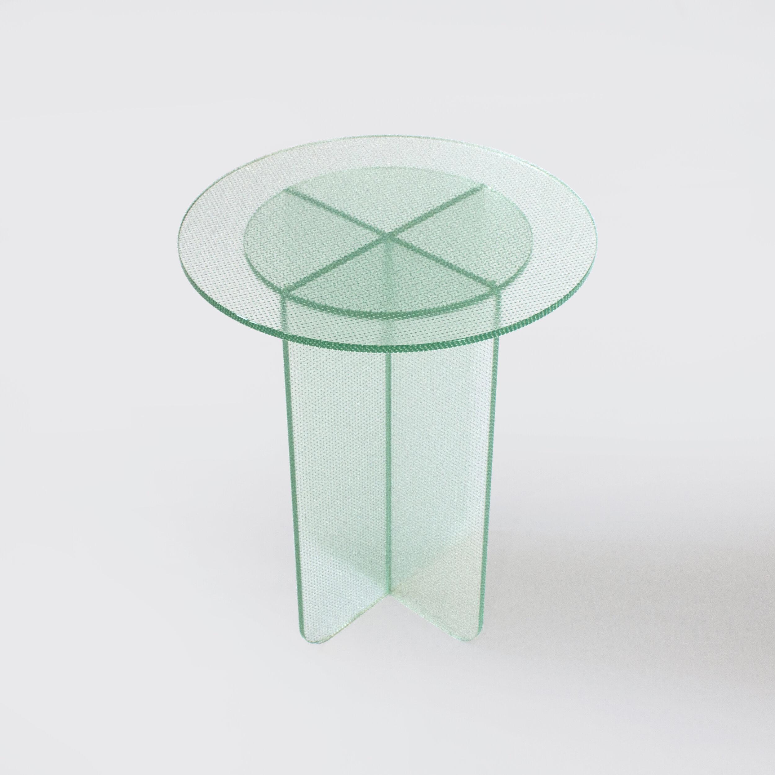 Modern Float Side Table 550 H in Toughened Textured Glass by Dean Norton For Sale