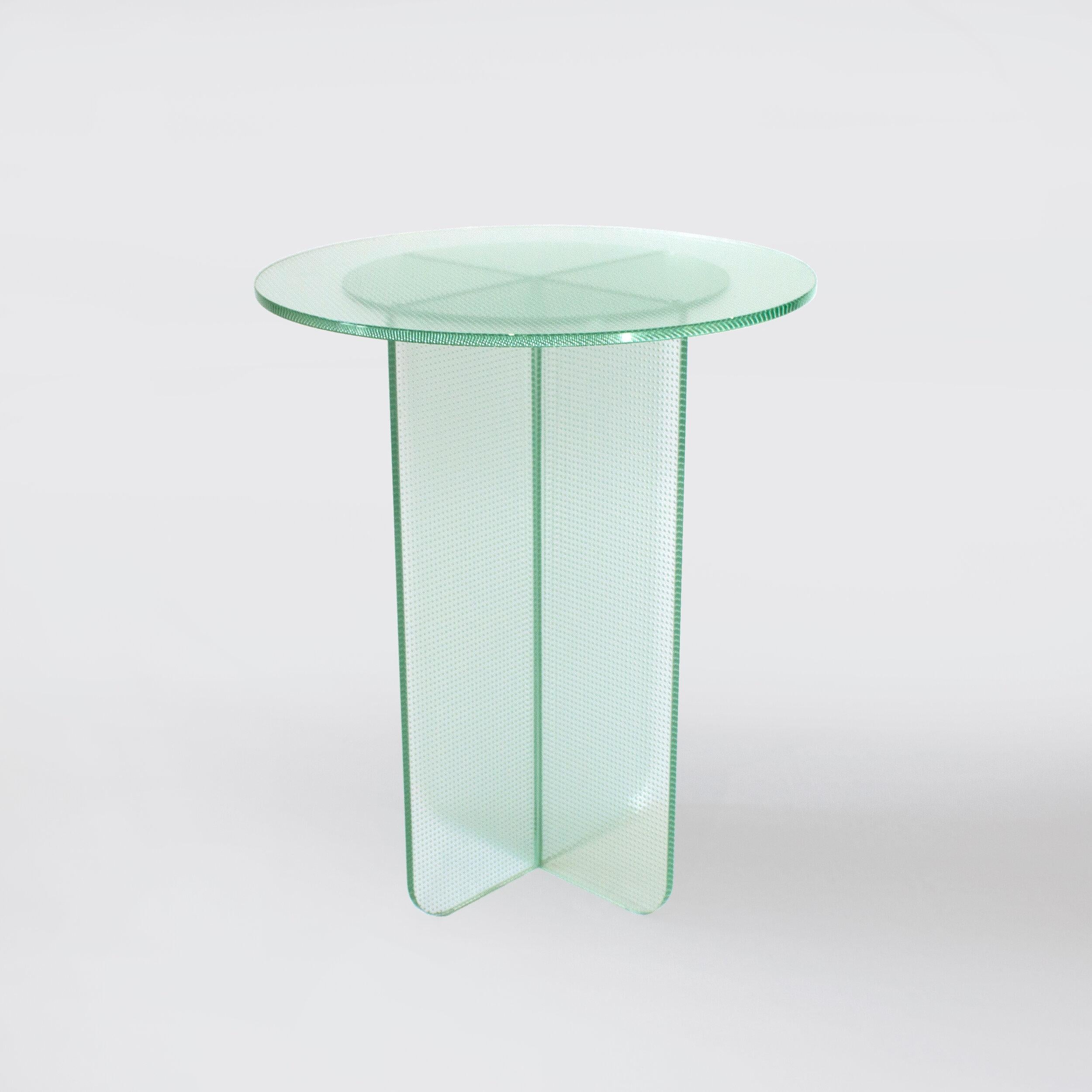 Australian Float Side Table 550 H in Toughened Textured Glass by Dean Norton For Sale