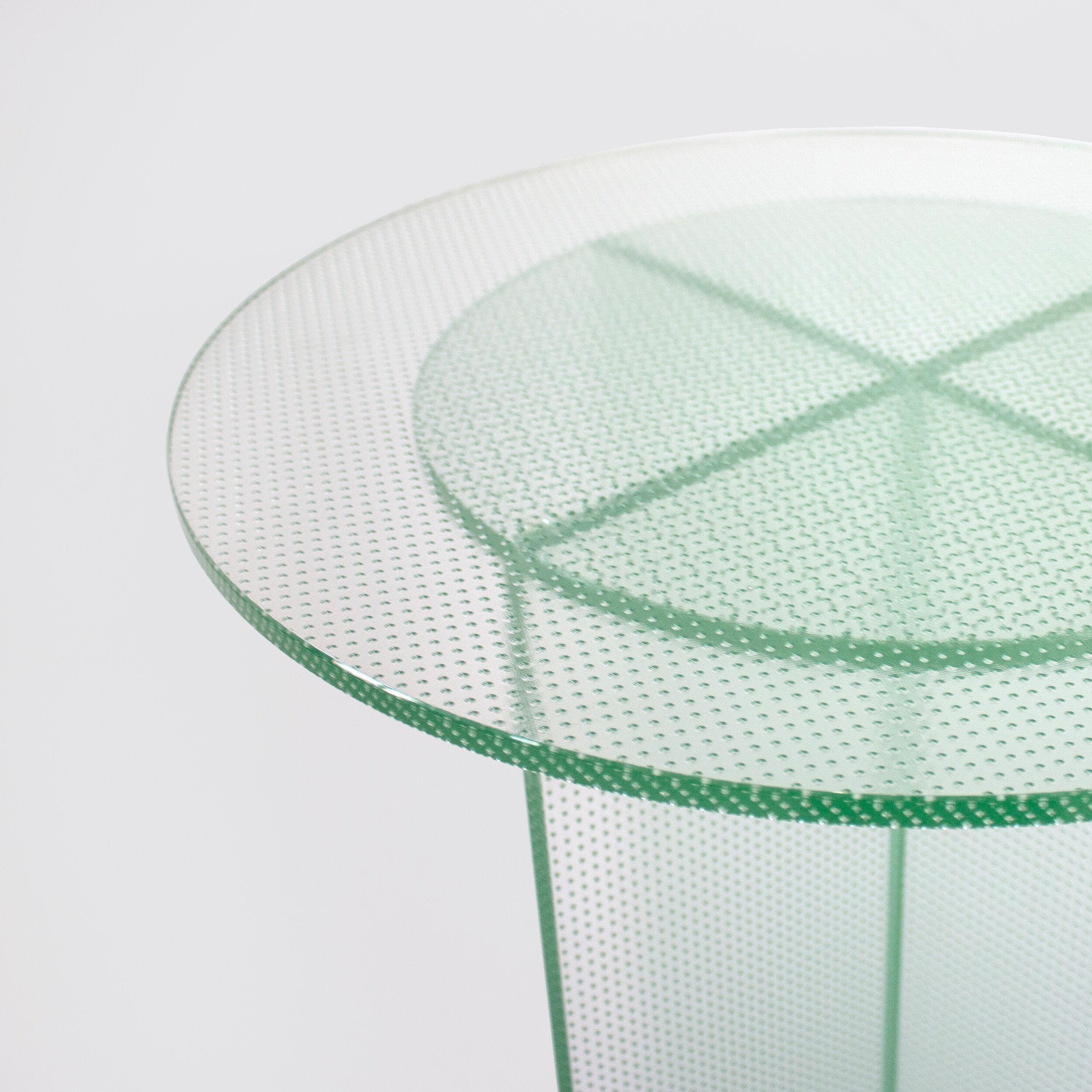 Hand-Crafted Float Side Table 550 H in Toughened Textured Glass by Dean Norton For Sale