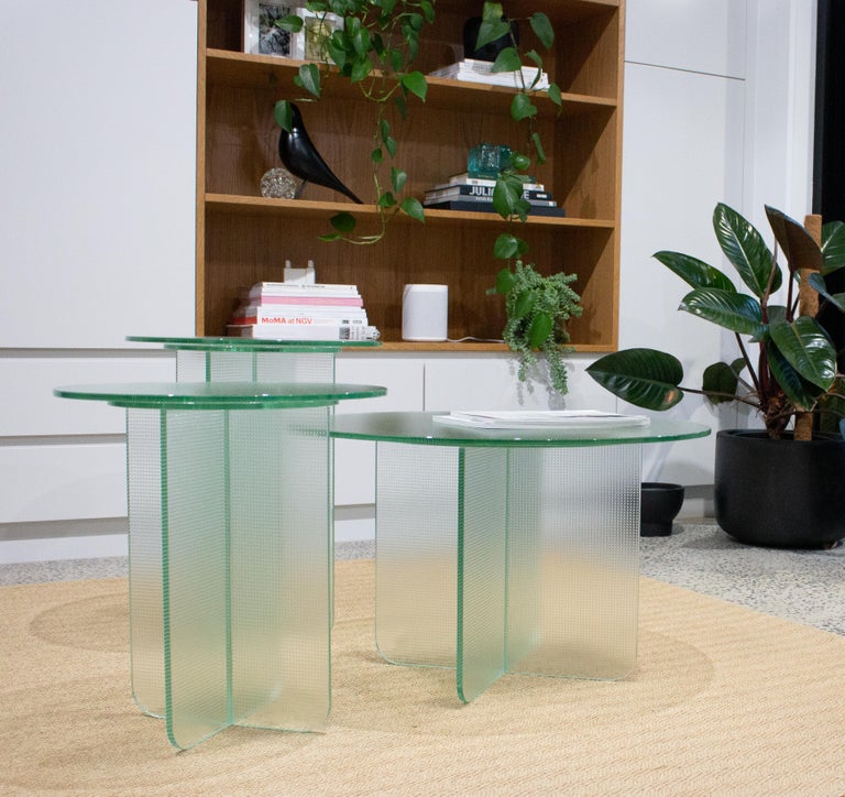 Float Side Table 550 H in Toughened Textured Glass by Dean Norton For