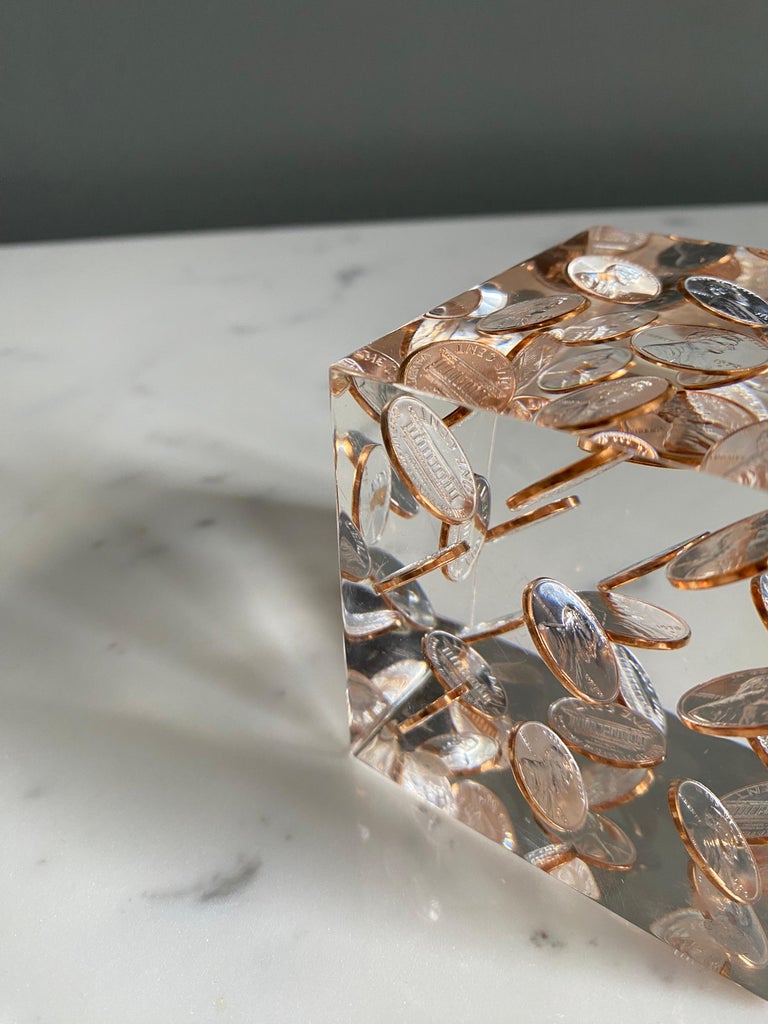 Floating 1970's Pennies in Lucite Cube Paperweight / Sculpture For Sale