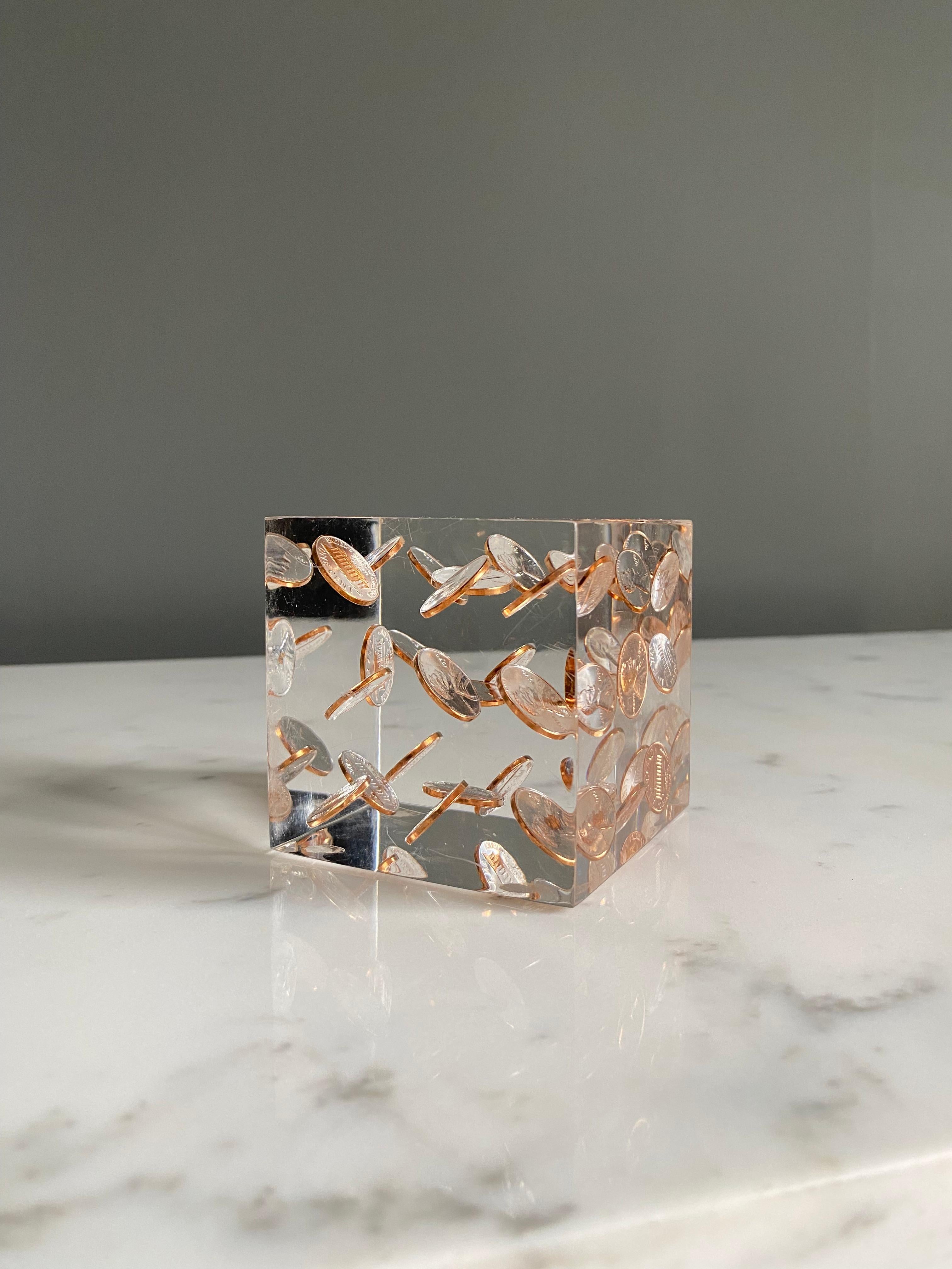 Floating 1970's Pennies in Lucite Cube Paperweight / Sculpture 2