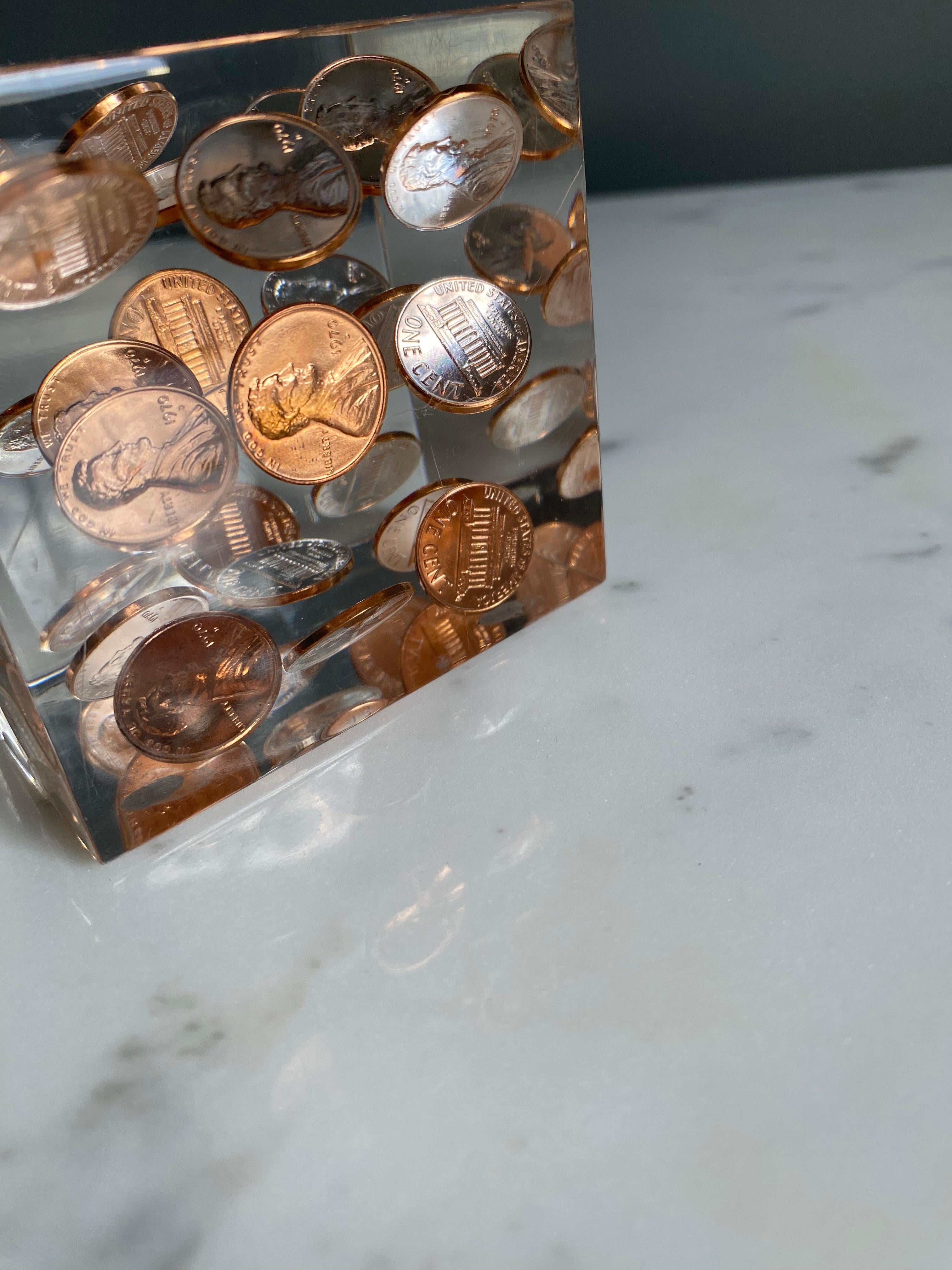 Floating 1970's Pennies in Lucite Cube Paperweight / Sculpture 3