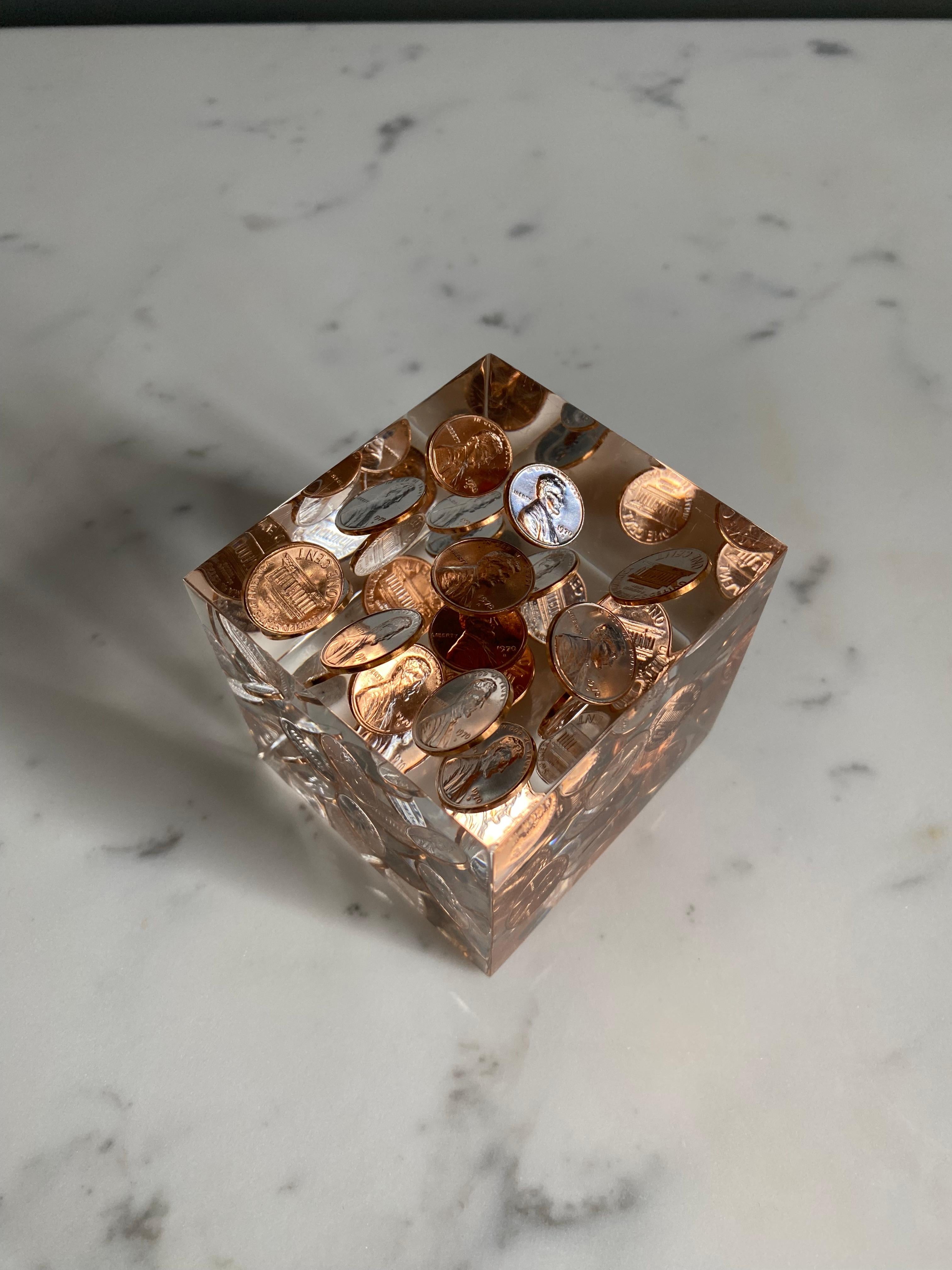 Floating 1970's Pennies in Lucite Cube Paperweight / Sculpture In Good Condition In Costa Mesa, CA