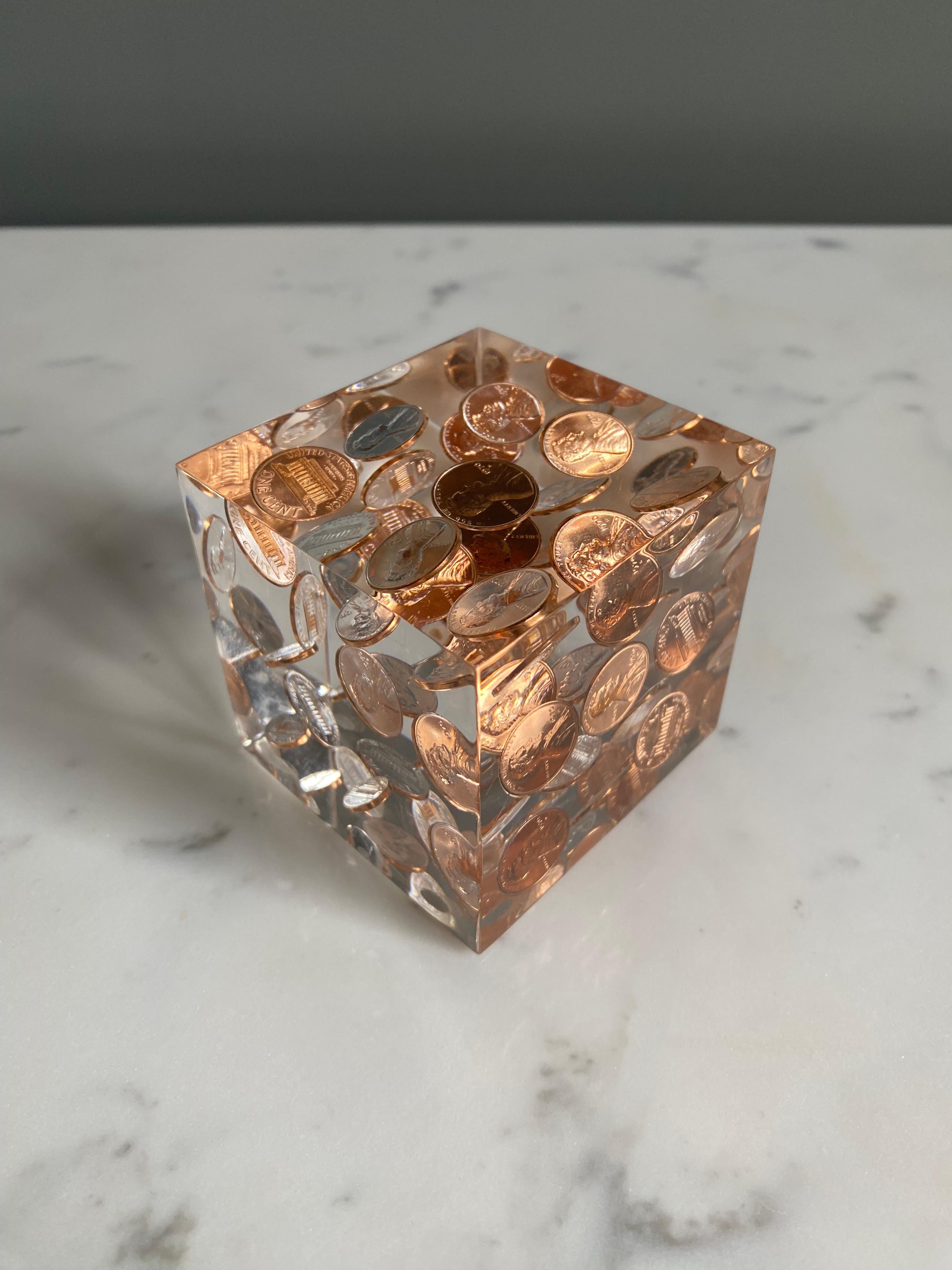 20th Century Floating 1970's Pennies in Lucite Cube Paperweight / Sculpture