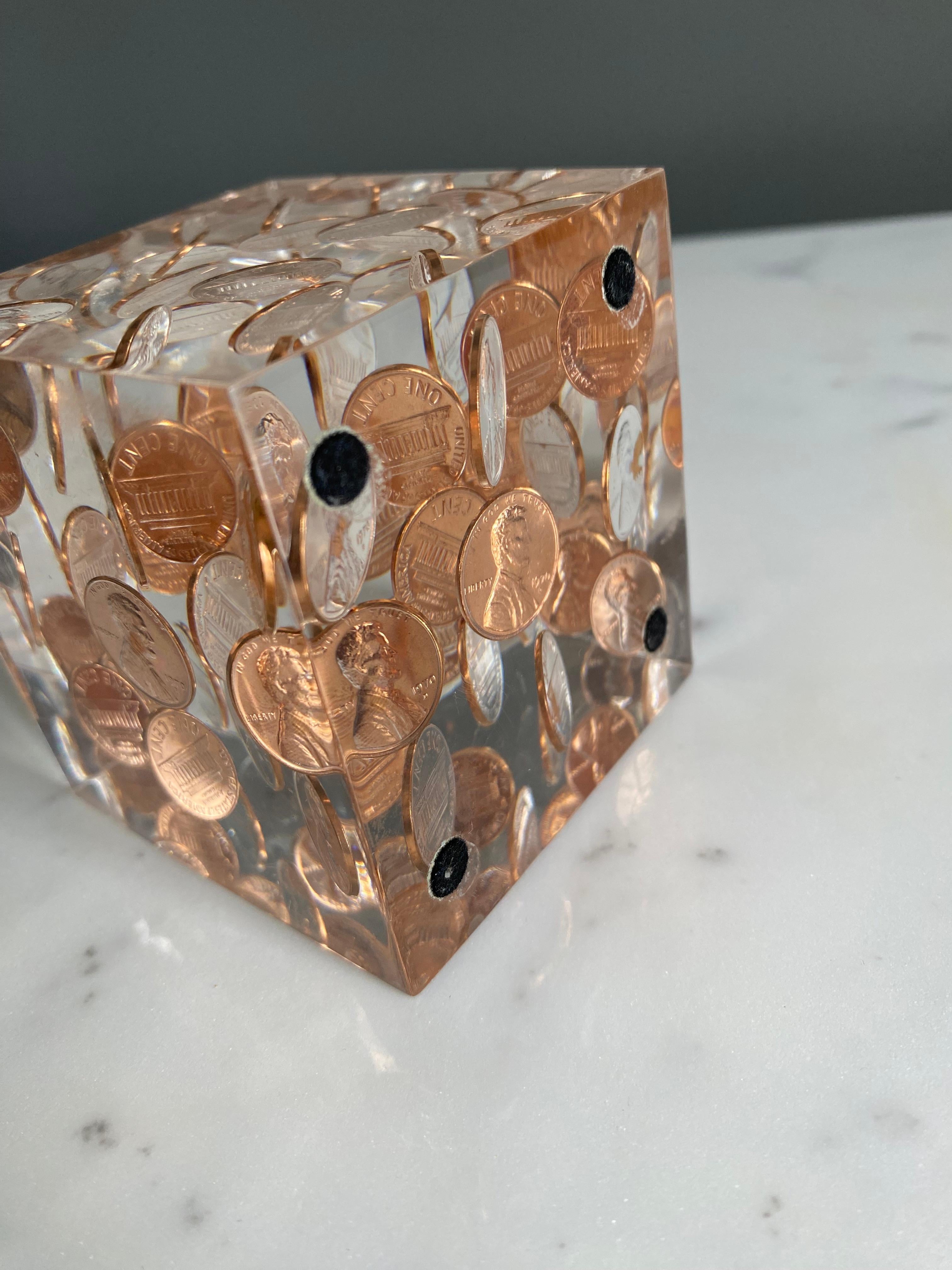 Acrylic Floating 1970's Pennies in Lucite Cube Paperweight / Sculpture