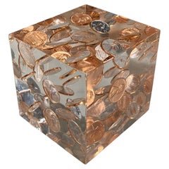 Vintage Floating 1970's Pennies in Lucite Cube Paperweight / Sculpture