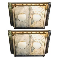 Floating Art Deco Concave Side Double Door Mirrored Cabinets / Console Table