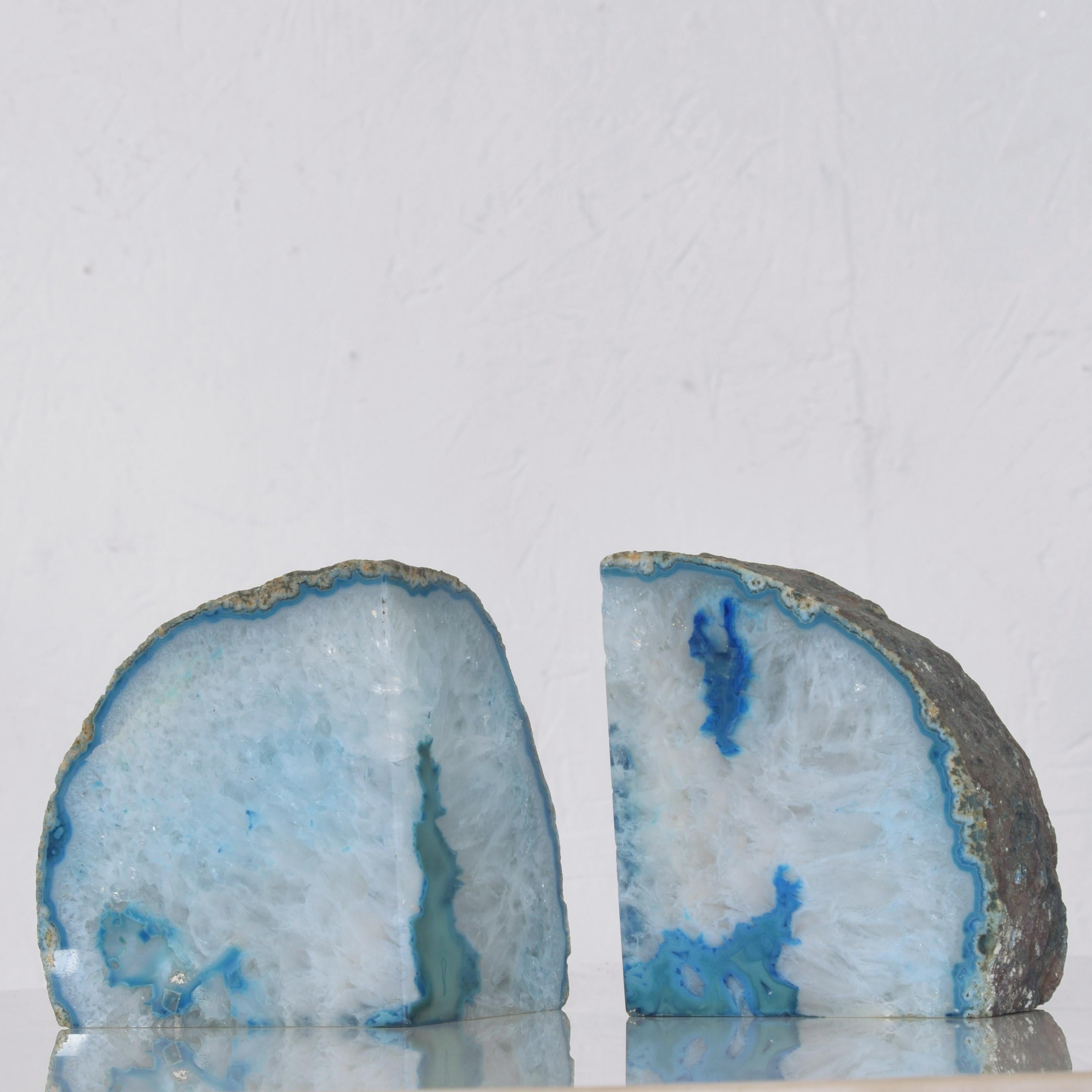 Mid-Century Modern 1970s Blue Quartz Stone Bookends Ethereal Blue  For Sale
