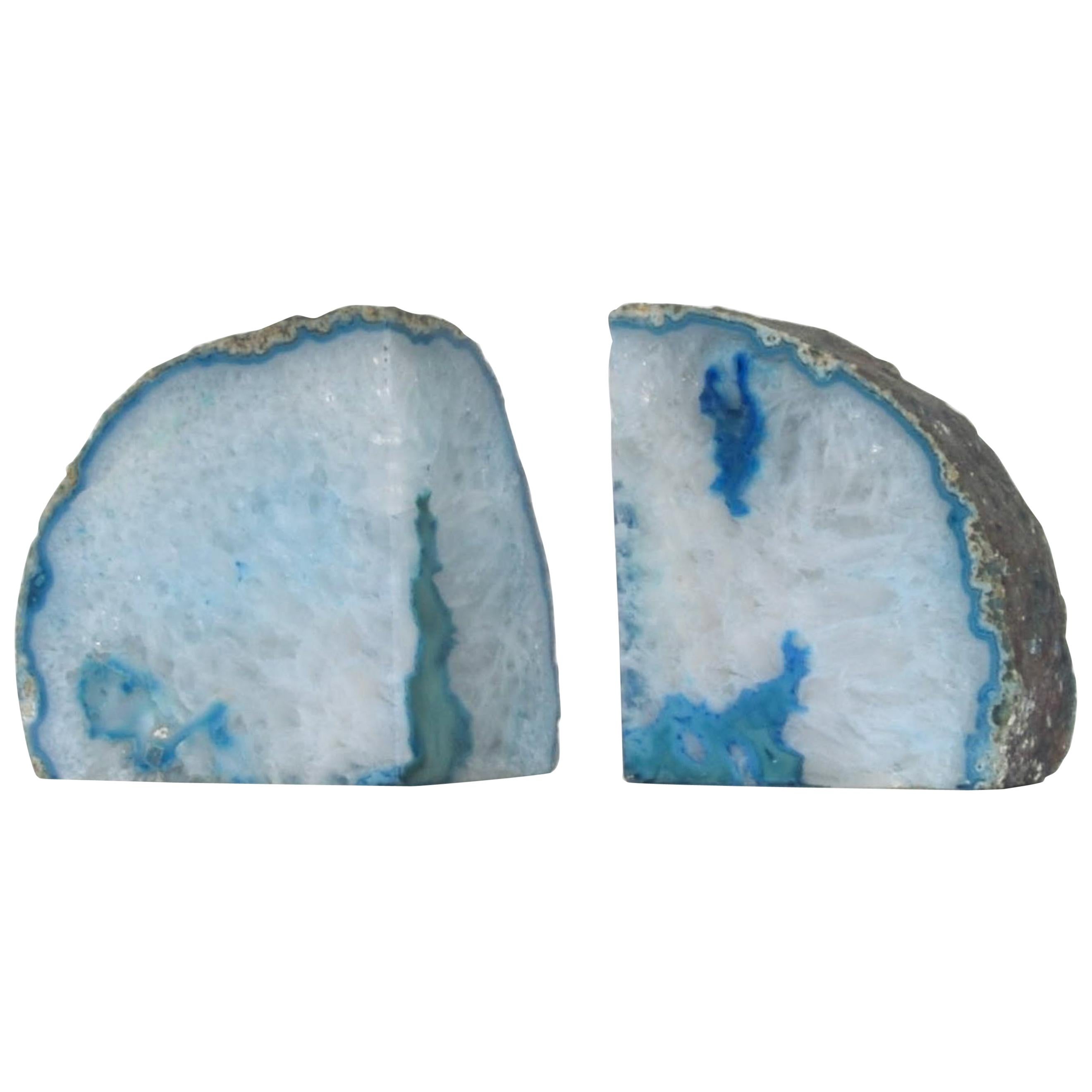 1970s Blue Quartz Stone Bookends Ethereal Blue 