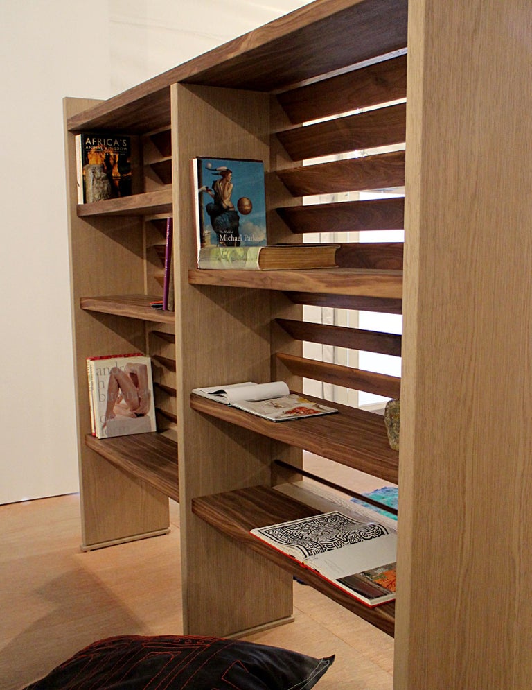 Floating Bookcase in Natural Walnut and Oak with Adjustable Louvers For