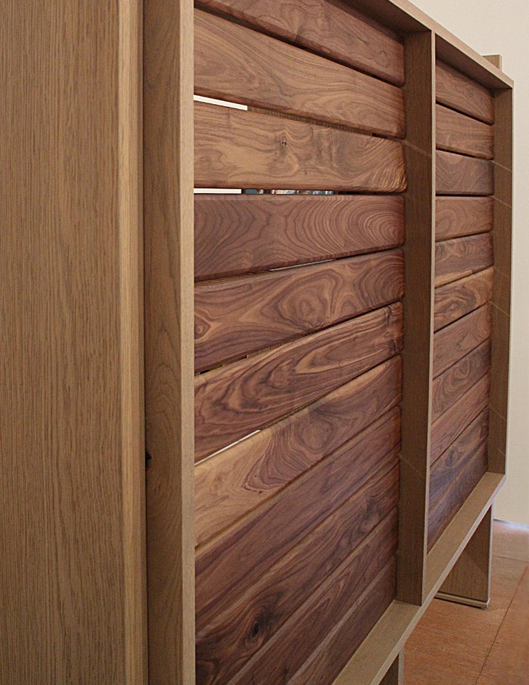 Floating Bookcase in Natural Walnut and Oak with Adjustable Louvers For