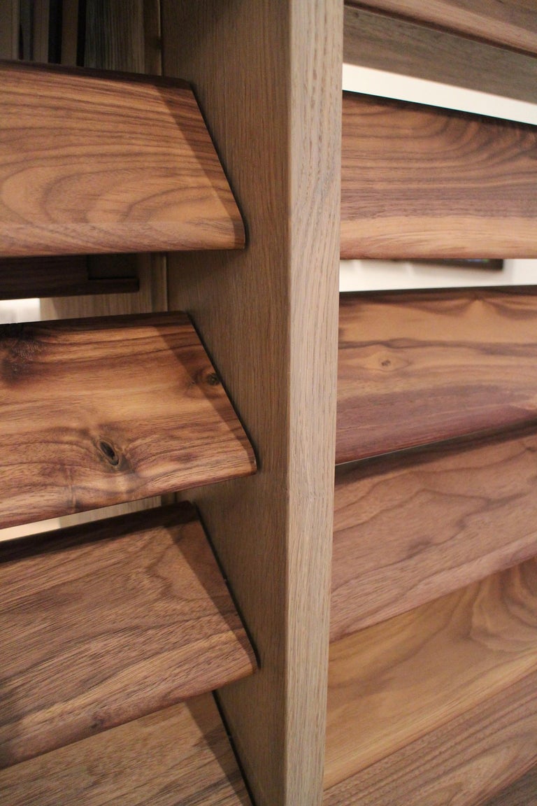 Floating Bookcase in Natural Walnut and Oak with Adjustable Louvers For