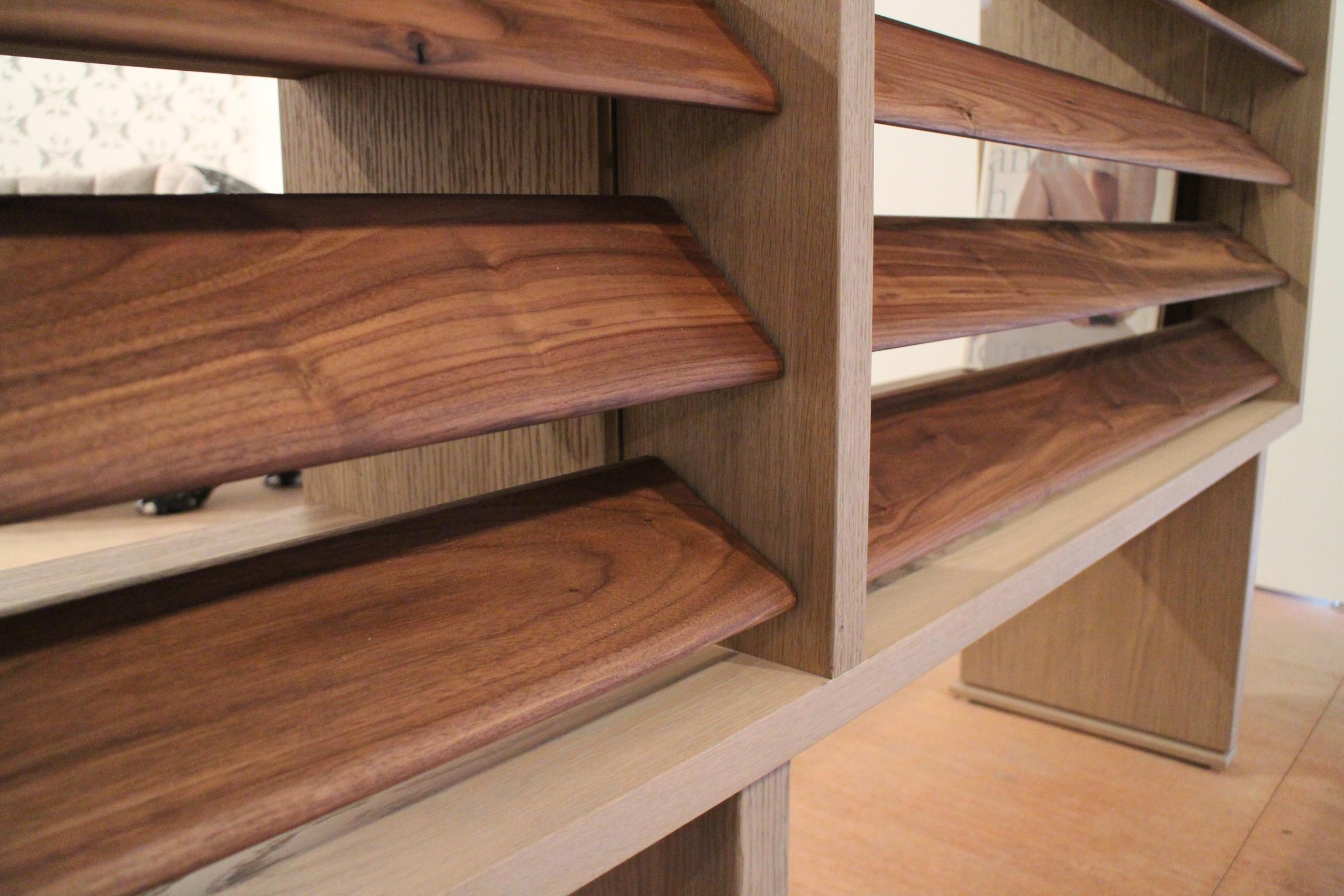Floating Bookcase/Room Divider in Natural Walnut and Oak with Adjustable Louvers In New Condition For Sale In Miami, FL