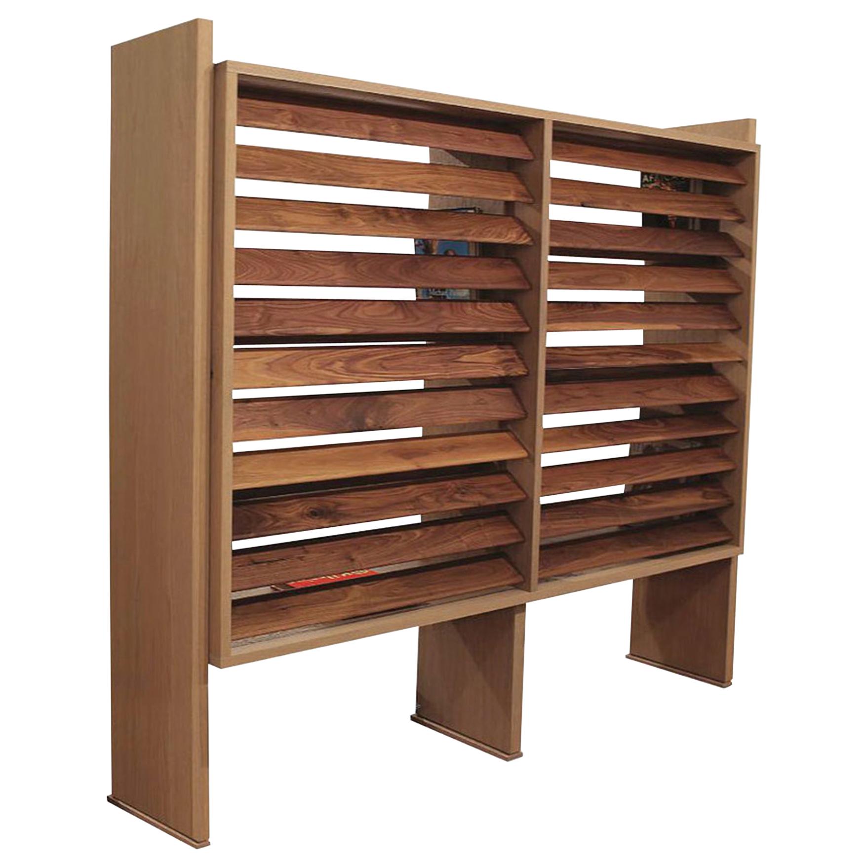Floating Bookcase/Room Divider in Natural Walnut and Oak with Adjustable Louvers