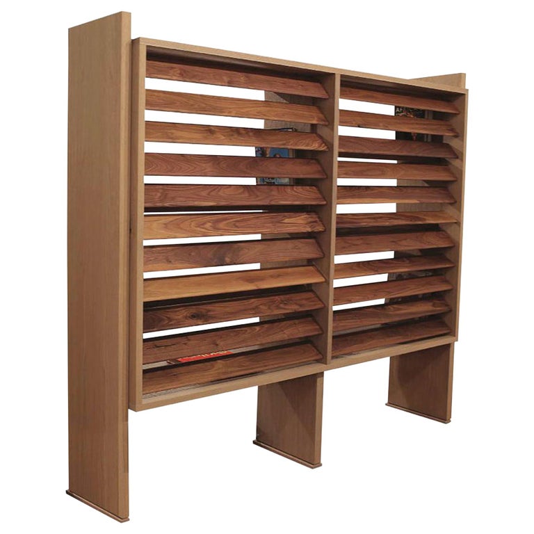 Floating Bookcase in Natural Walnut and Oak with Adjustable Louvers For