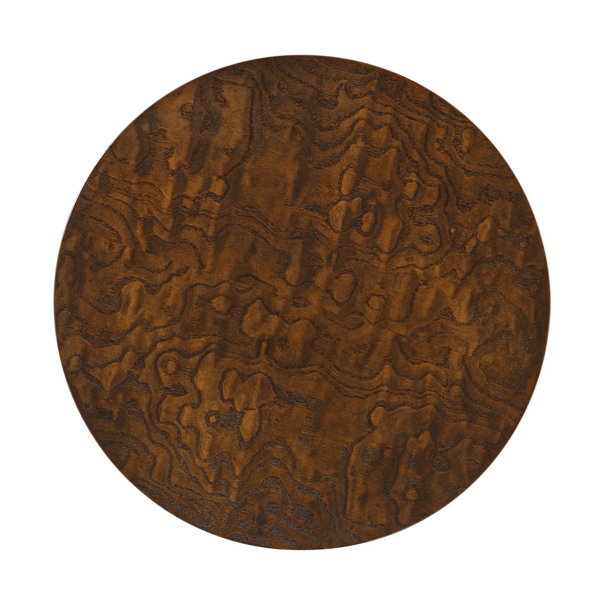 With a Tamo Ash burl veneer round top above a slender, sculptural leaning faux bois frame on a flat disc base.

Dimensions: 14