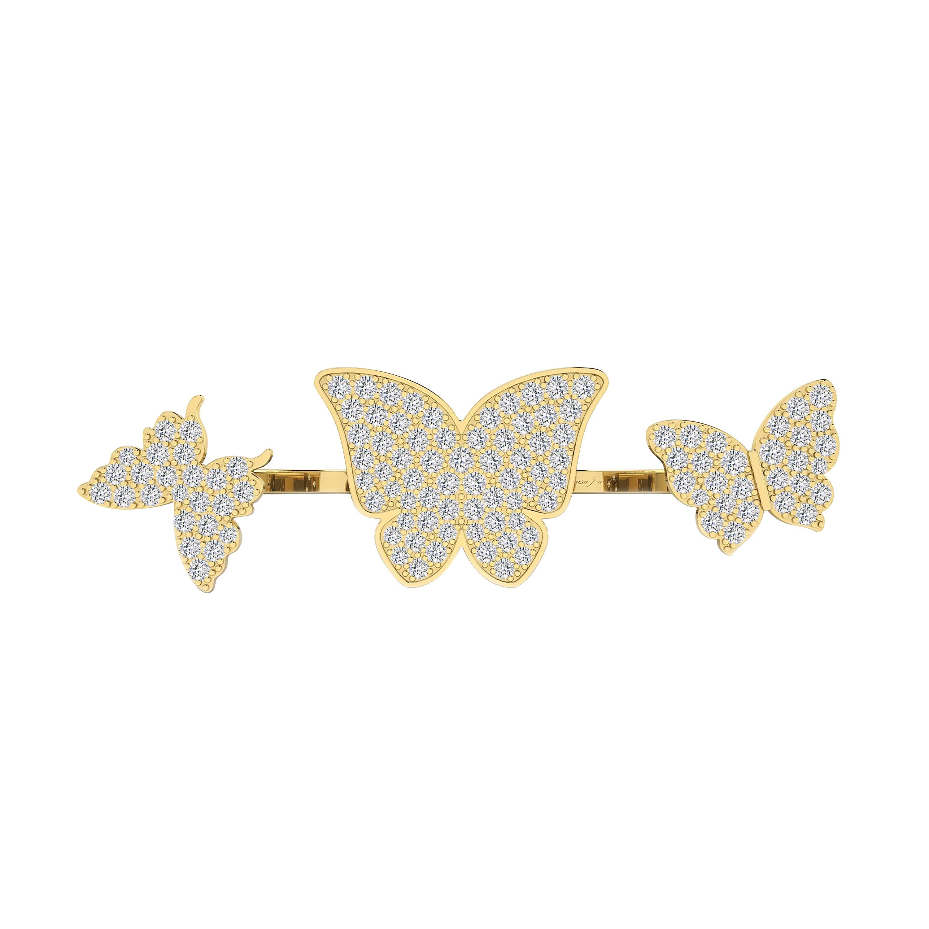 Round Cut Floating Butterflies 2 in 1 Ring with Diamond in 18 Karat Yellow Gold For Sale