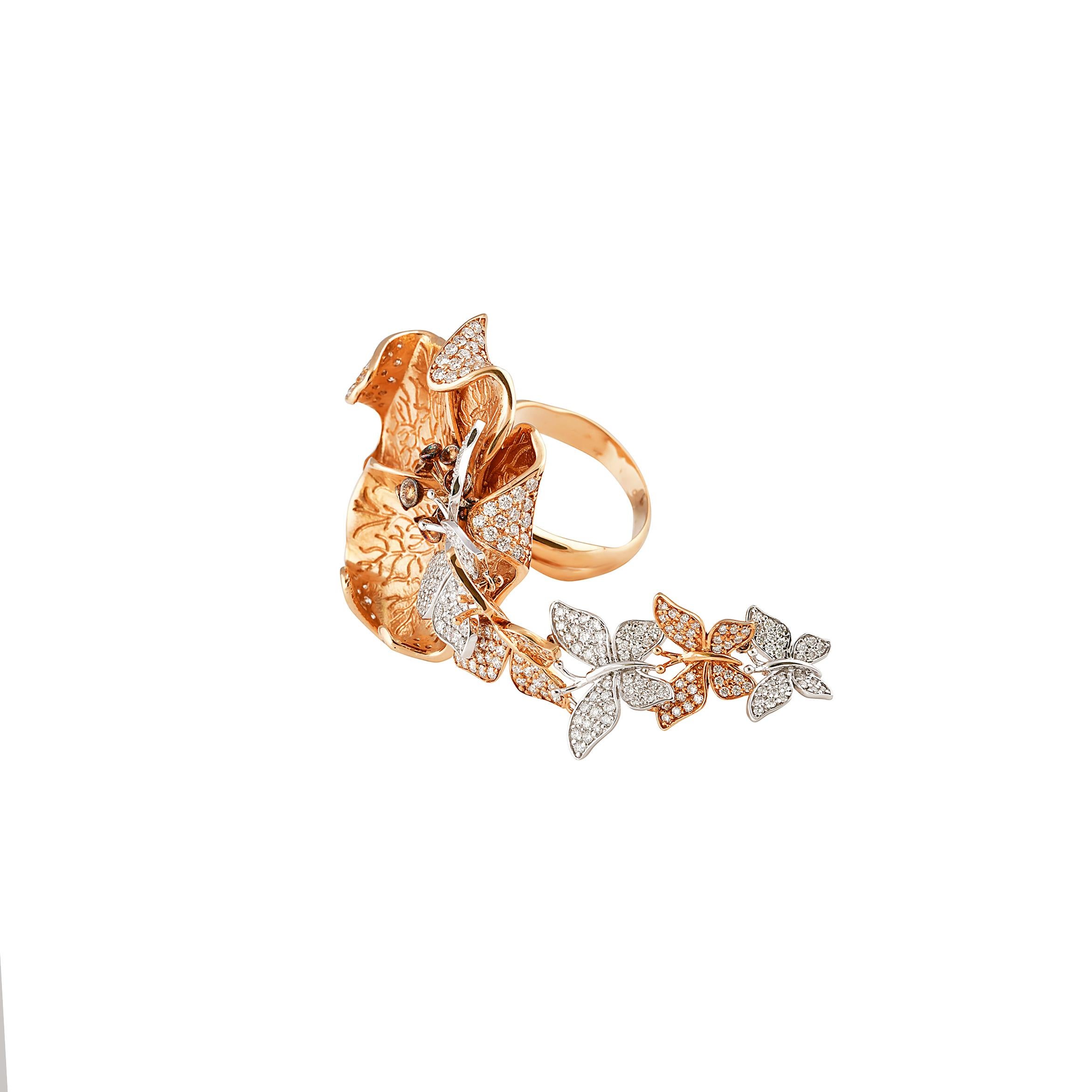 Contemporary Floating Butterfly Diamond Ring in 18 Karat White & Rose Gold For Sale