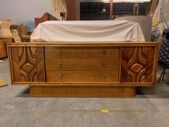Floating Carved Door Brutalist Cabinet Credenza with Shelves and Drawers 1970