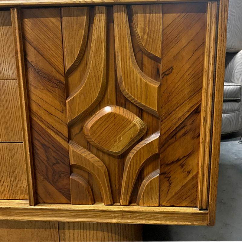 Canadian Floating Carved Door Brutalist Cabinet Credenza with Shelves and Drawers 1970