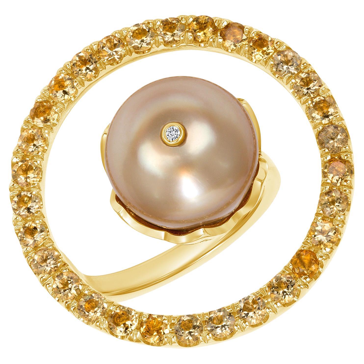 16.4 Carat South Sea Pearl Golden Beryl Tsavorite Diamond Gold Cocktail Ring For Sale