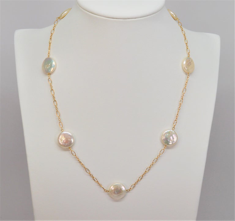 Floating Coin Pearl 14 Karat Yellow Gold Necklace For Sale at 1stDibs