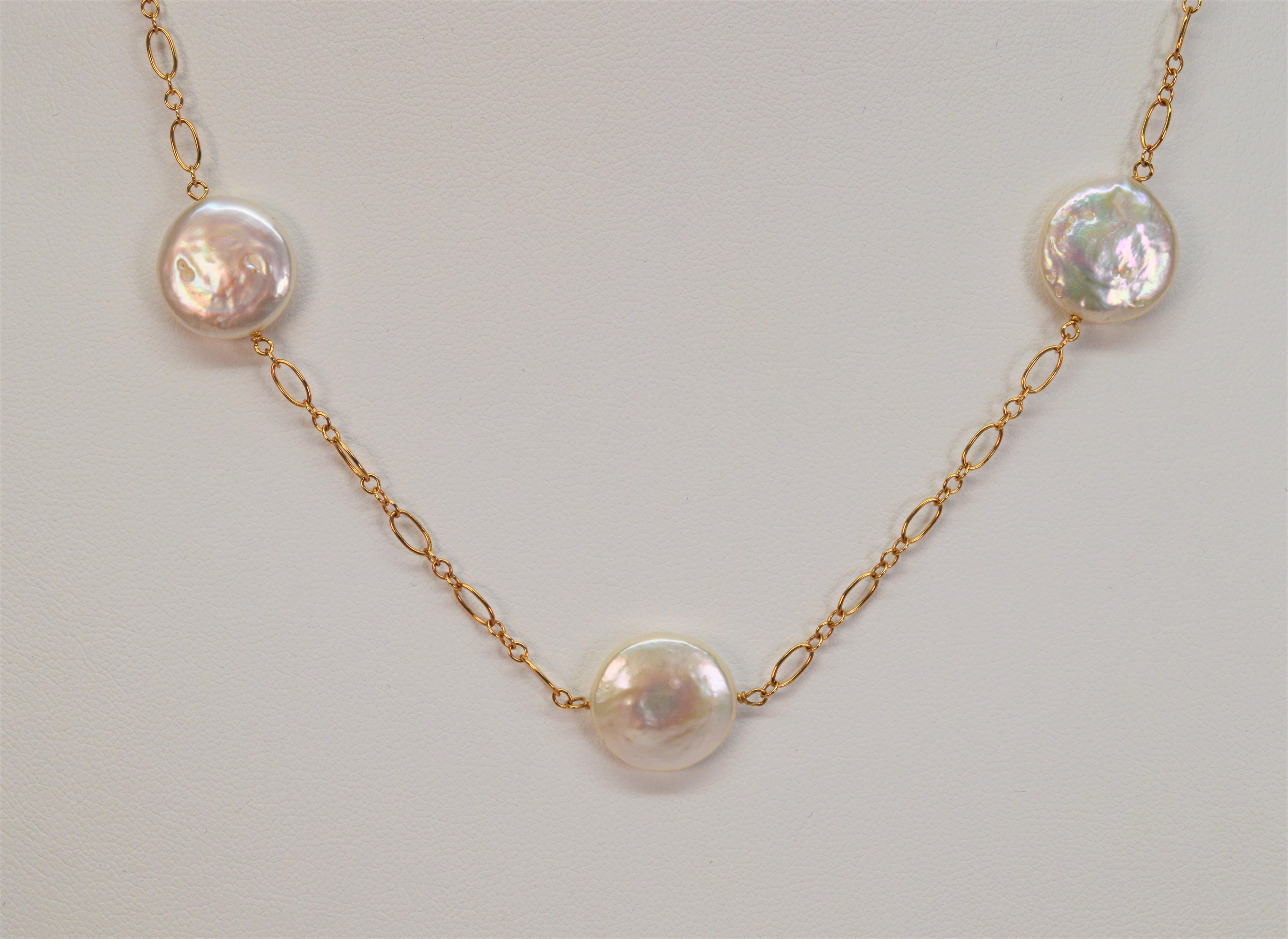 Round Cut Floating Coin Pearl 14 Karat Yellow Gold Necklace For Sale
