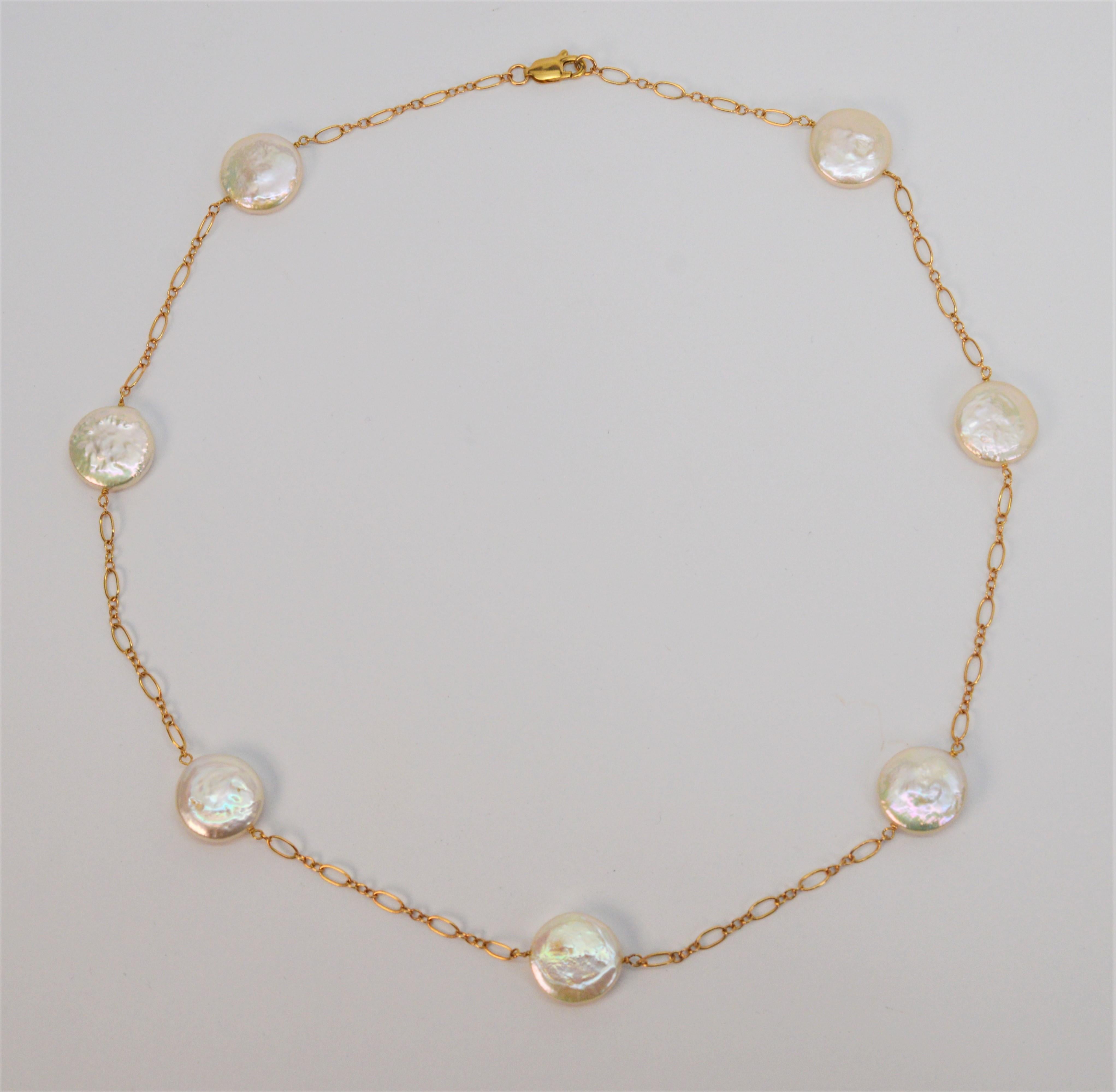 Women's Floating Coin Pearl 14 Karat Yellow Gold Necklace For Sale