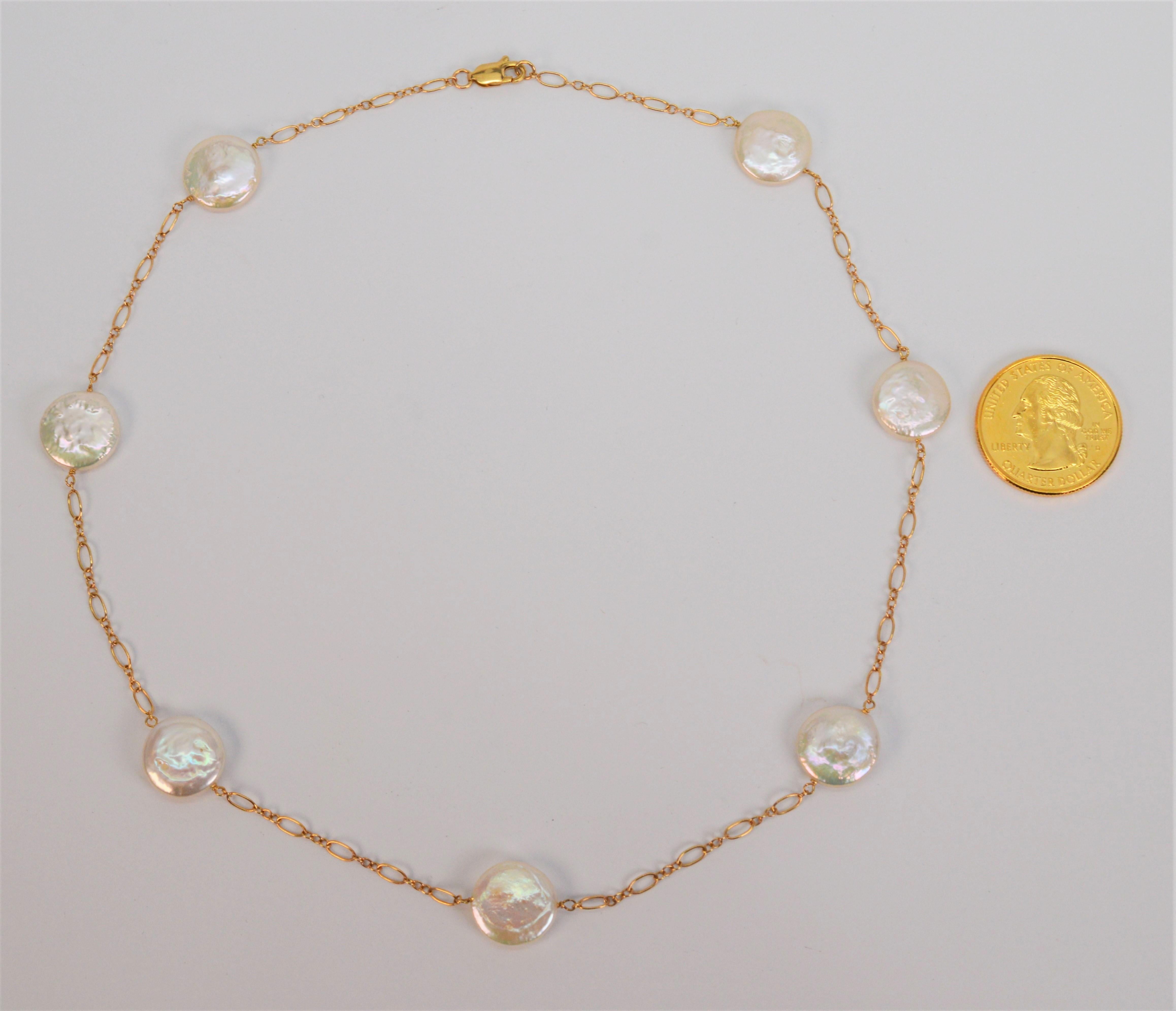 Floating Coin Pearl 14 Karat Yellow Gold Necklace For Sale 1