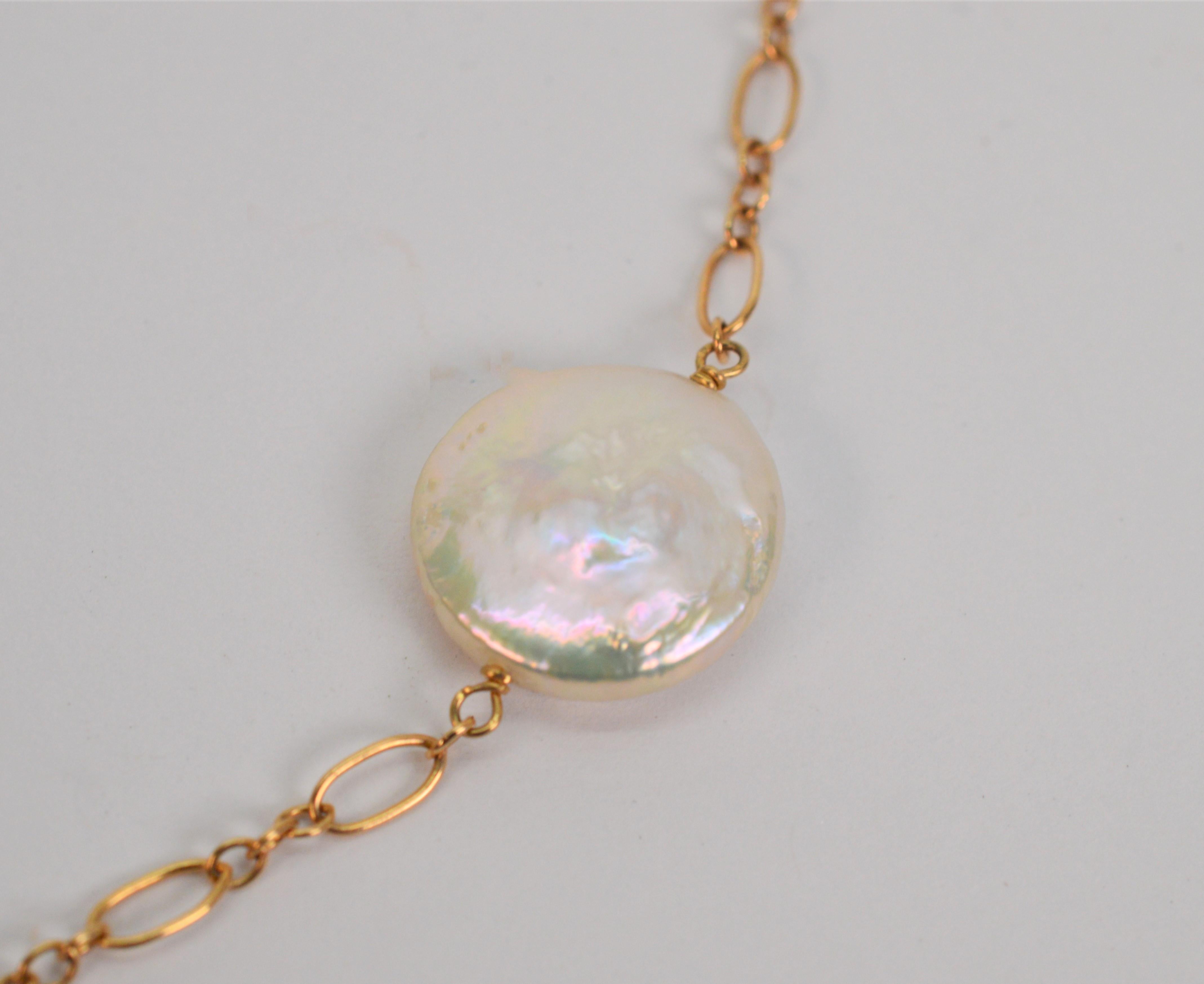 Floating Coin Pearl 14 Karat Yellow Gold Necklace For Sale 2