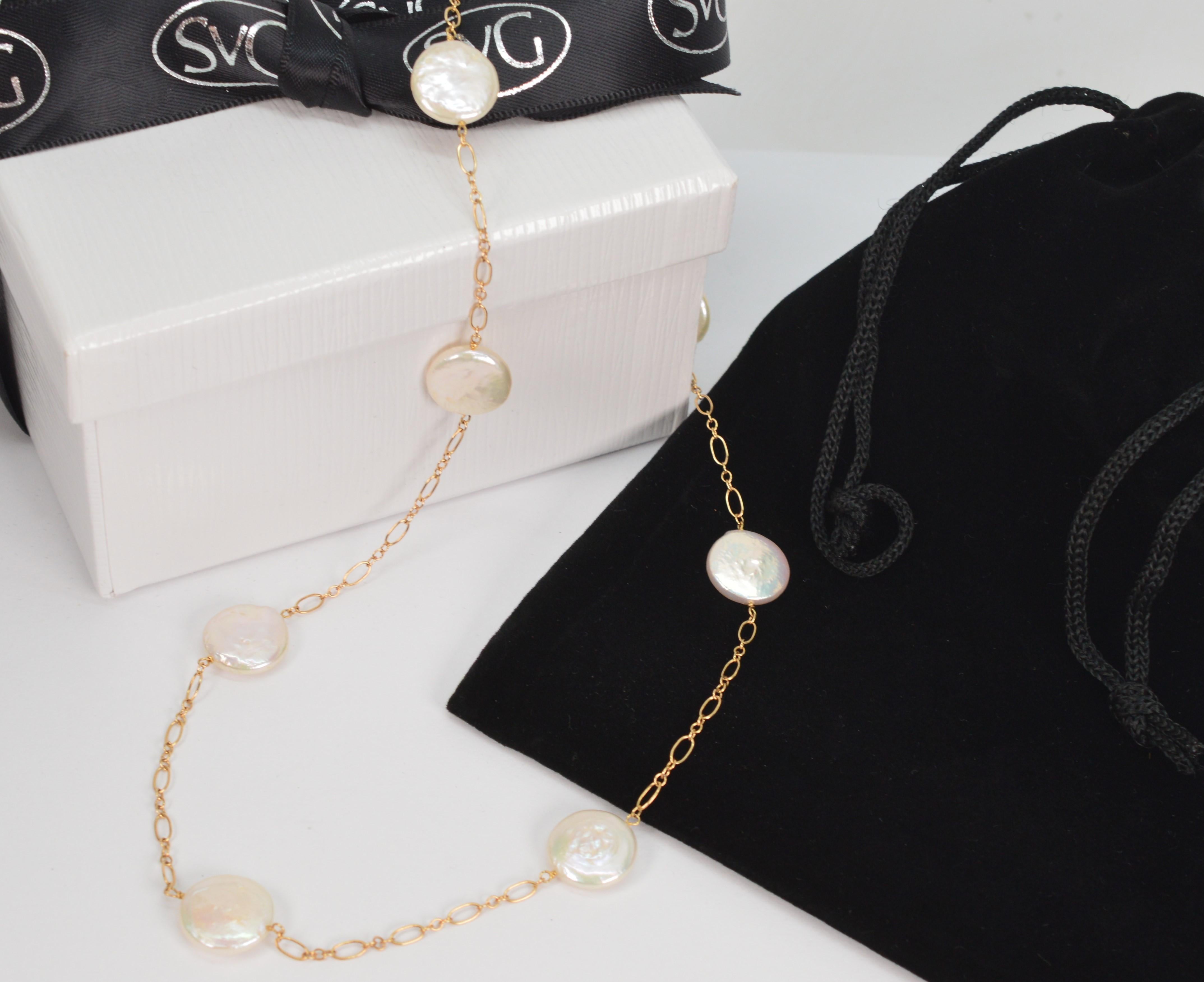 Floating Coin Pearl 14 Karat Yellow Gold Necklace For Sale 3