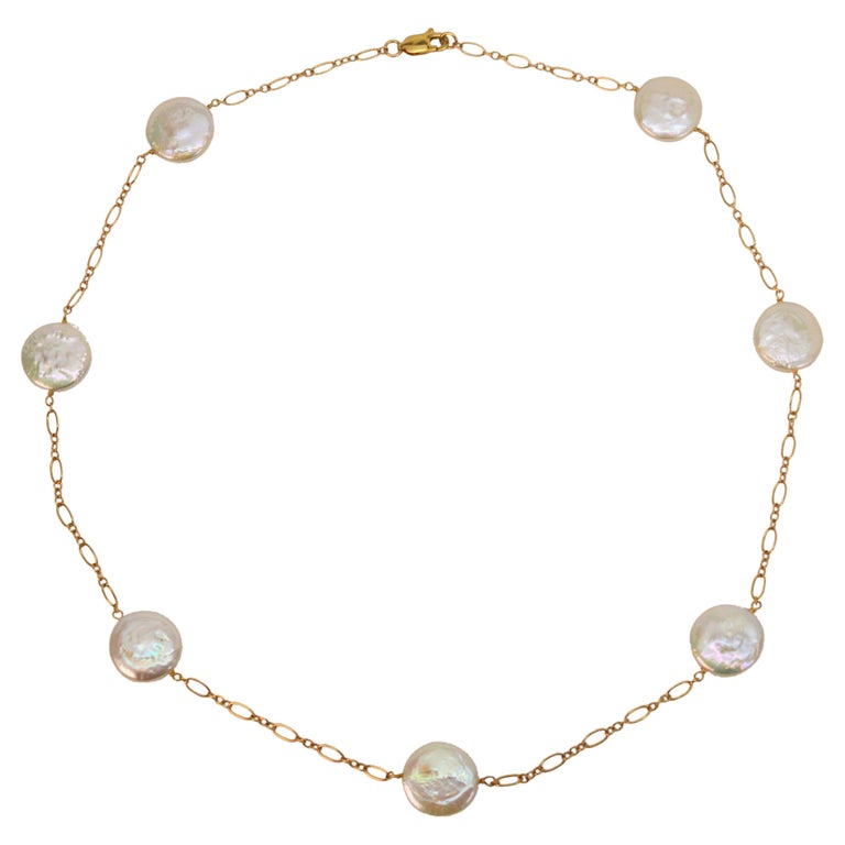 Floating Coin Pearl 14 Karat Yellow Gold Necklace For Sale at 1stDibs