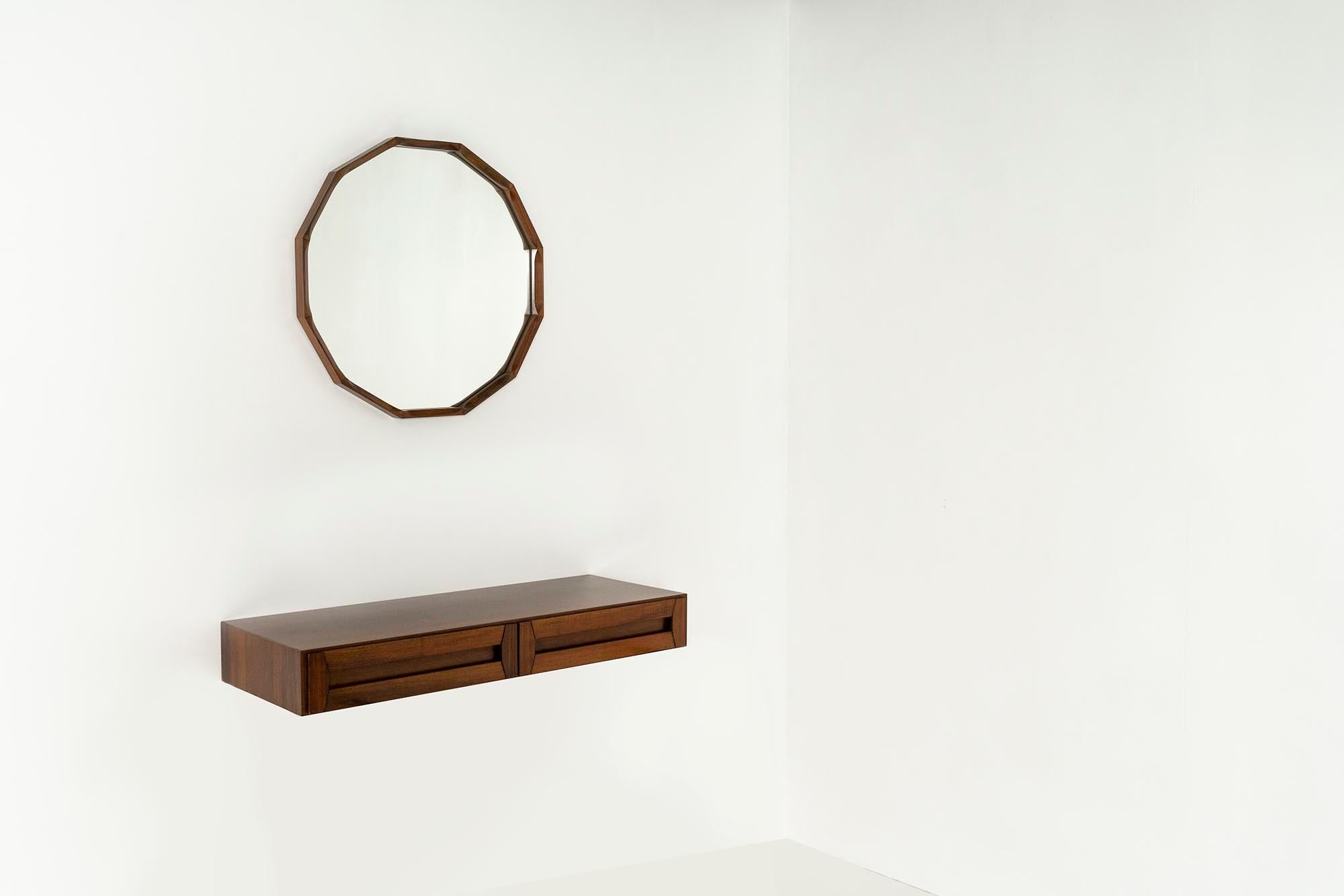 Mid-Century Modern Floating Console with Mirror in Walnut by Dino Cavalli, Italy 1960s