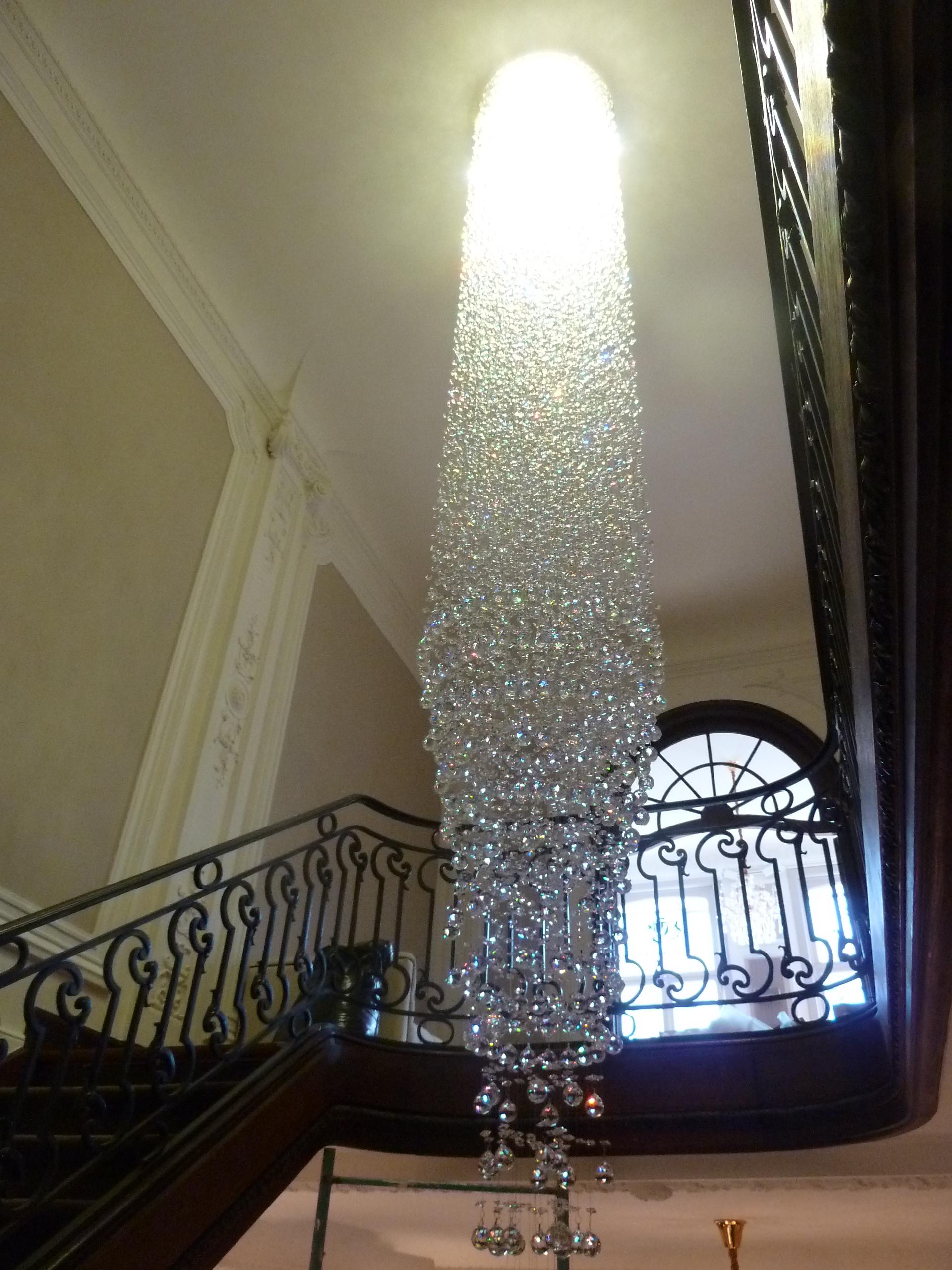 Hand-Carved Floating Crystal Chandelier with Swarovksi Crystal Balls and Led Armature For Sale