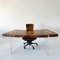 Floating Curved Cerejeira Grain Desk with Lucite Legs