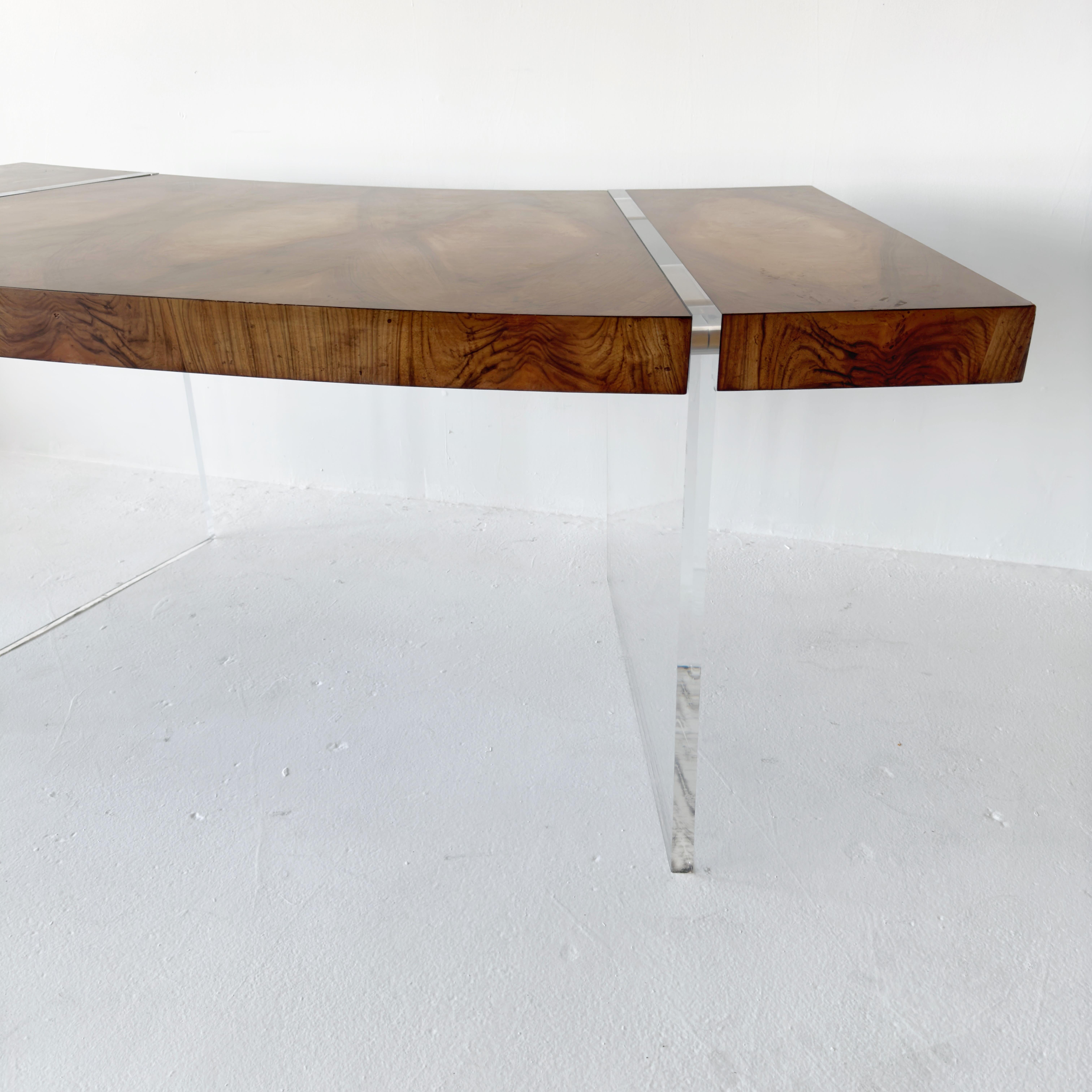 Contemporary Floating Curved Cerejeira Grain Desk with Lucite Legs